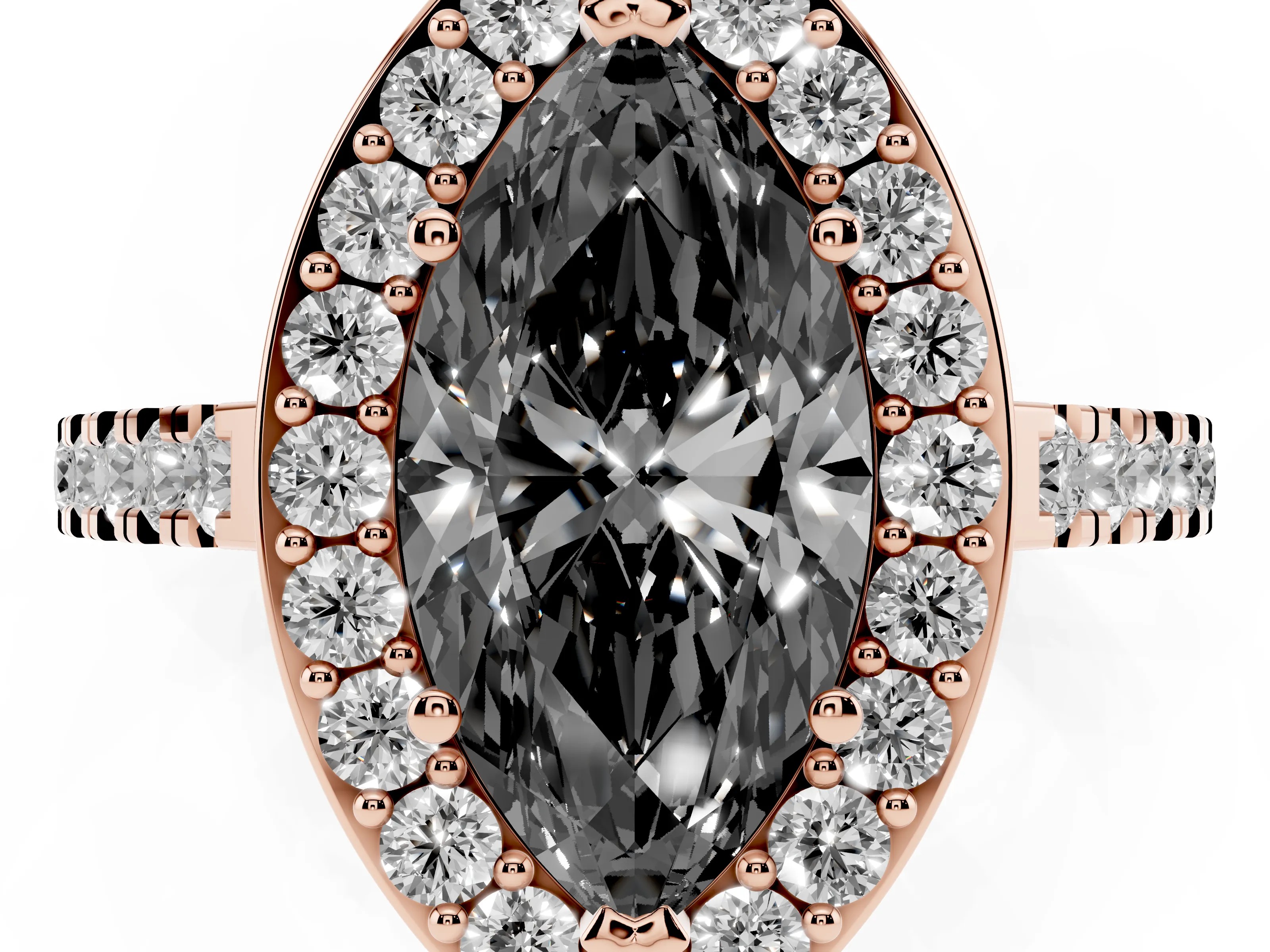 Fancy Black Marquise Cut Diamond Halo Ring Set in Rose gold with Round Pavé Split Shank and Prong Setting