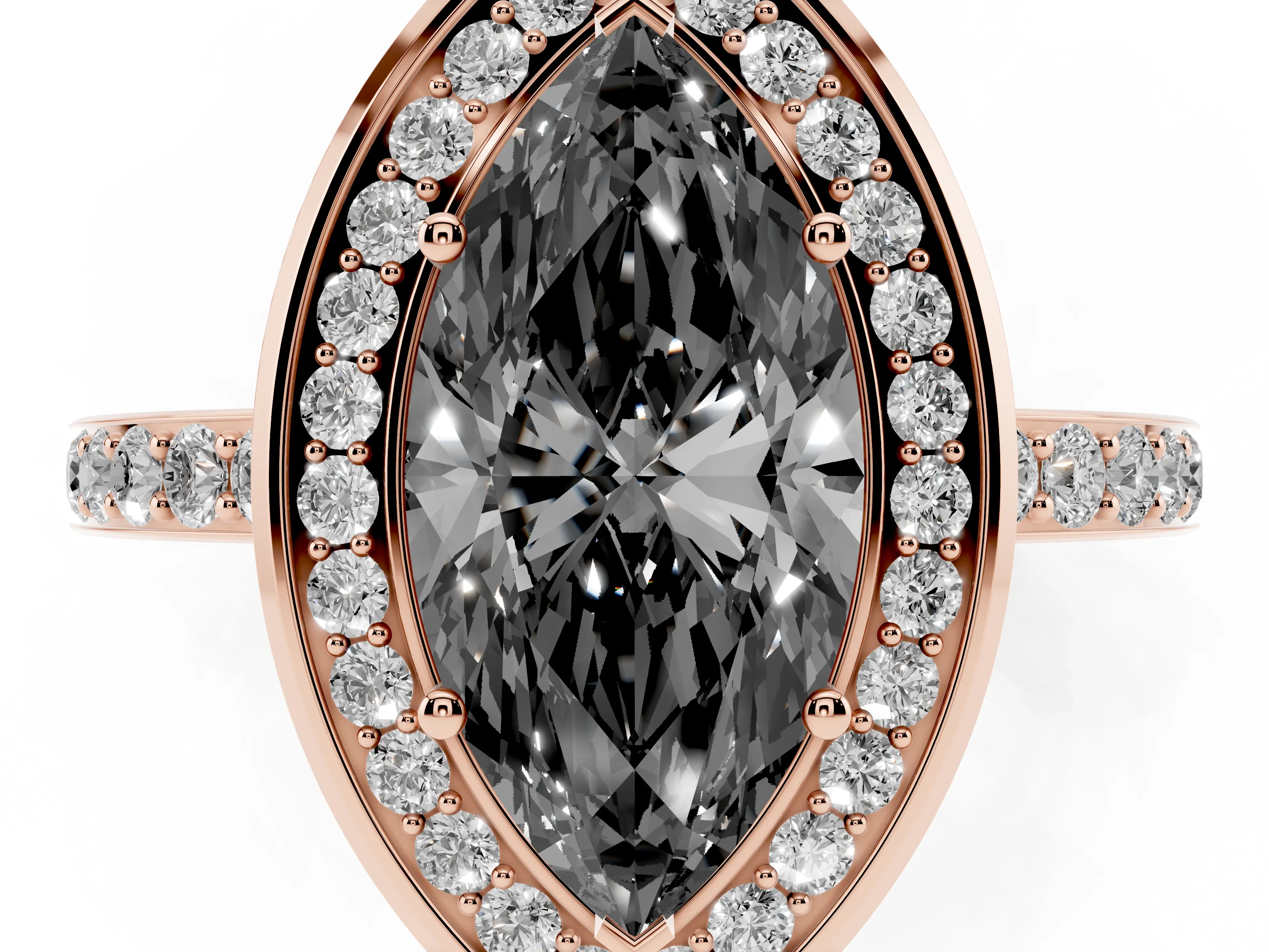 Fancy Black Marquise Cut Diamond Halo Ring Set in Rose gold with Bezel Frame and Pavé Band