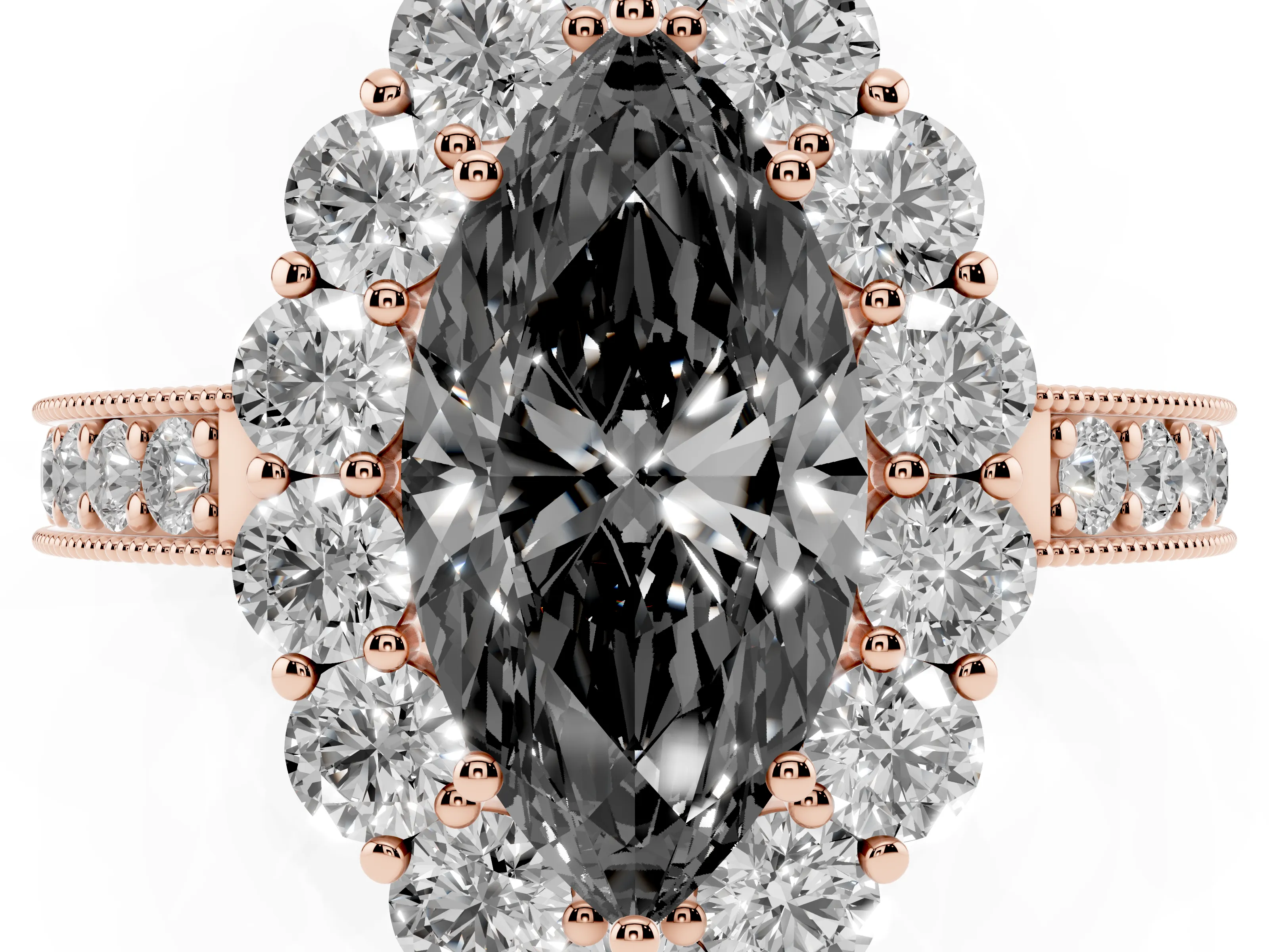 Fancy Black Marquise Cut Diamond Halo Pavé Engagement Ring Set in Rose gold with Milgrain Detailing