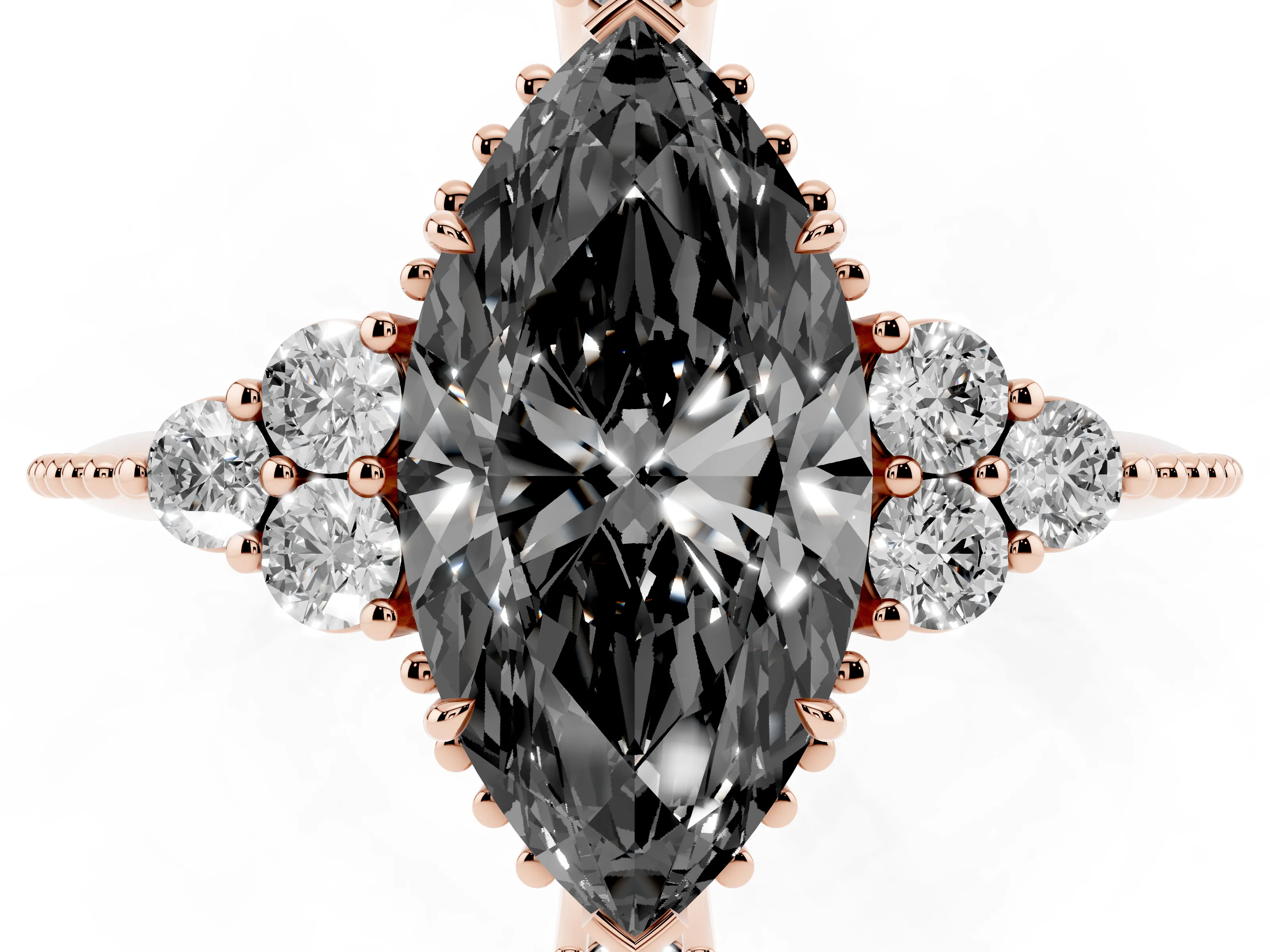 Fancy Black Marquise Cut Diamond Cluster Ring Set in Rose gold with Beaded Band