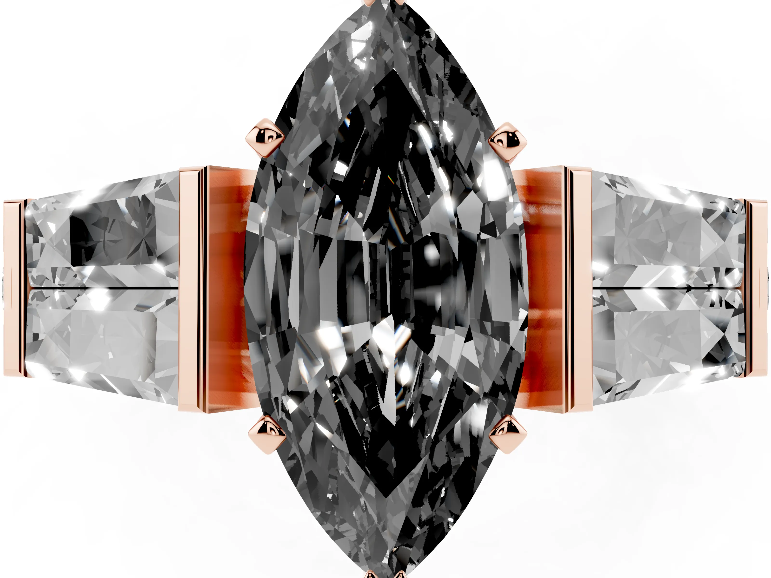 Fancy Black Marquise Cut Diamond Engagement Ring Set in Rose gold with Baguette Side Stones and Channel Set Band