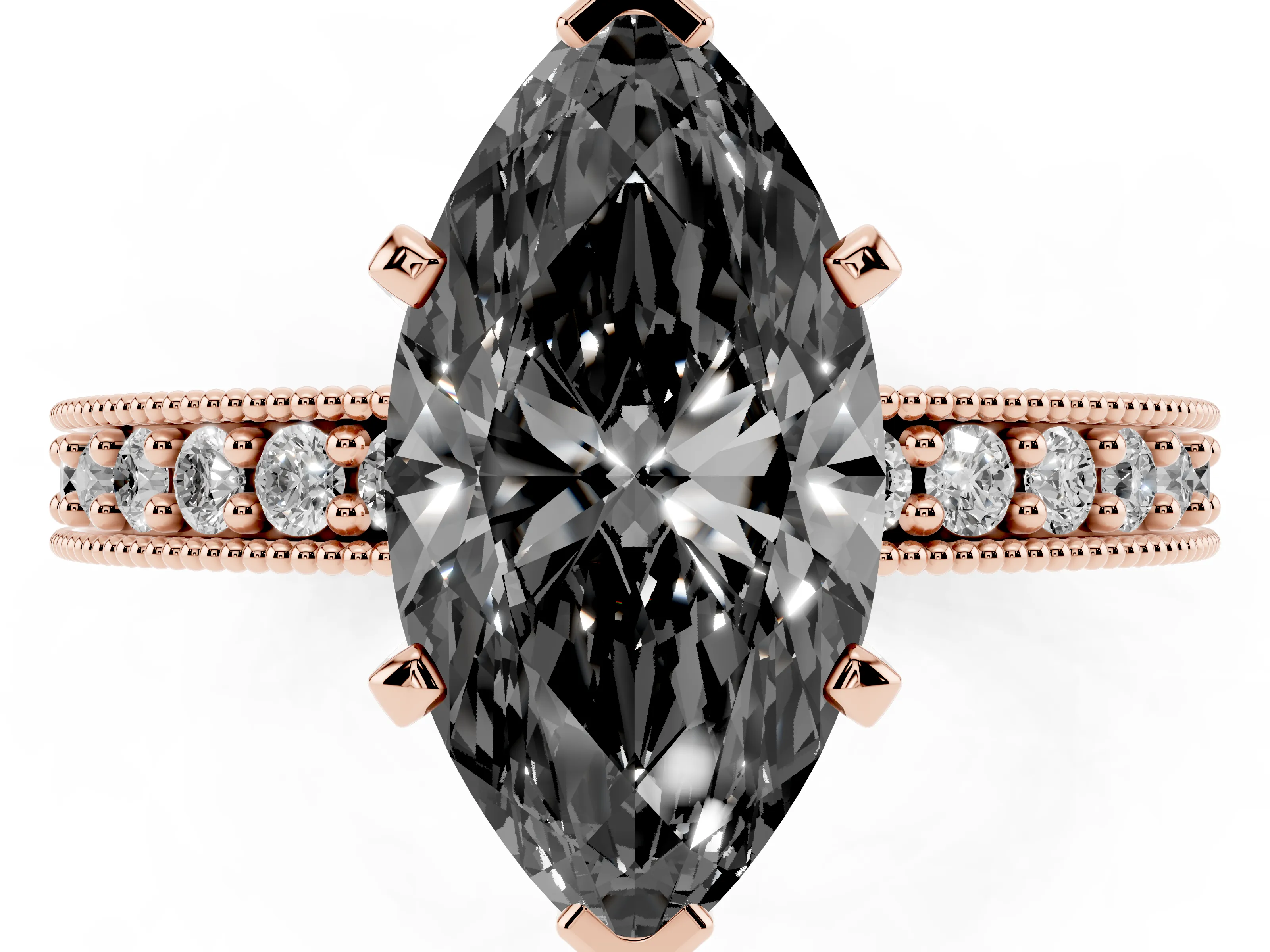 Marquise Vintage Milgrain Pavé Engagement Ring Setting for a Black Center | Solitaire | Rose Gold