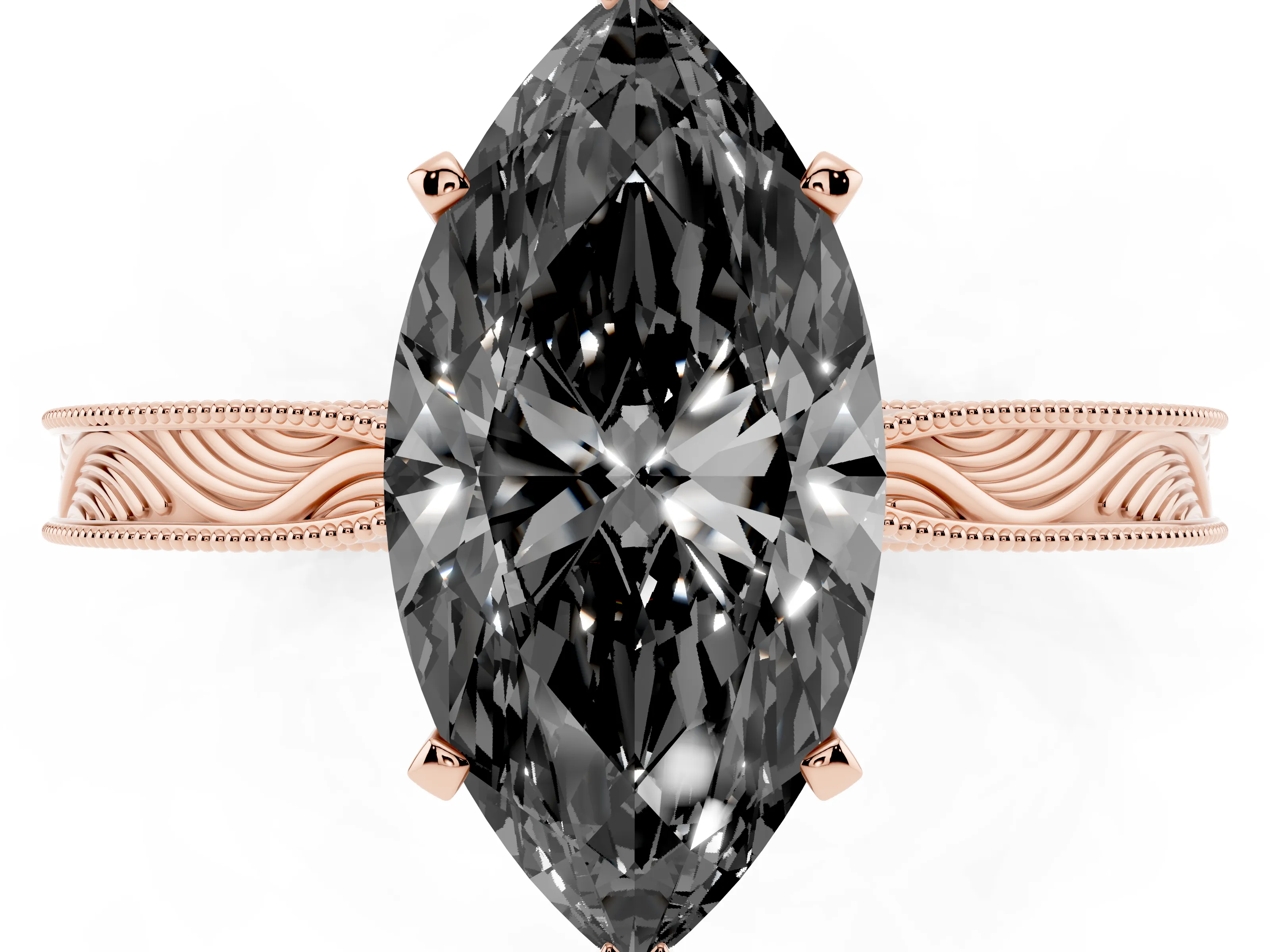 Fancy Black Marquise Cut Diamond Solitaire Milgrain Engraved Band Set in Rose gold with Prong Setting