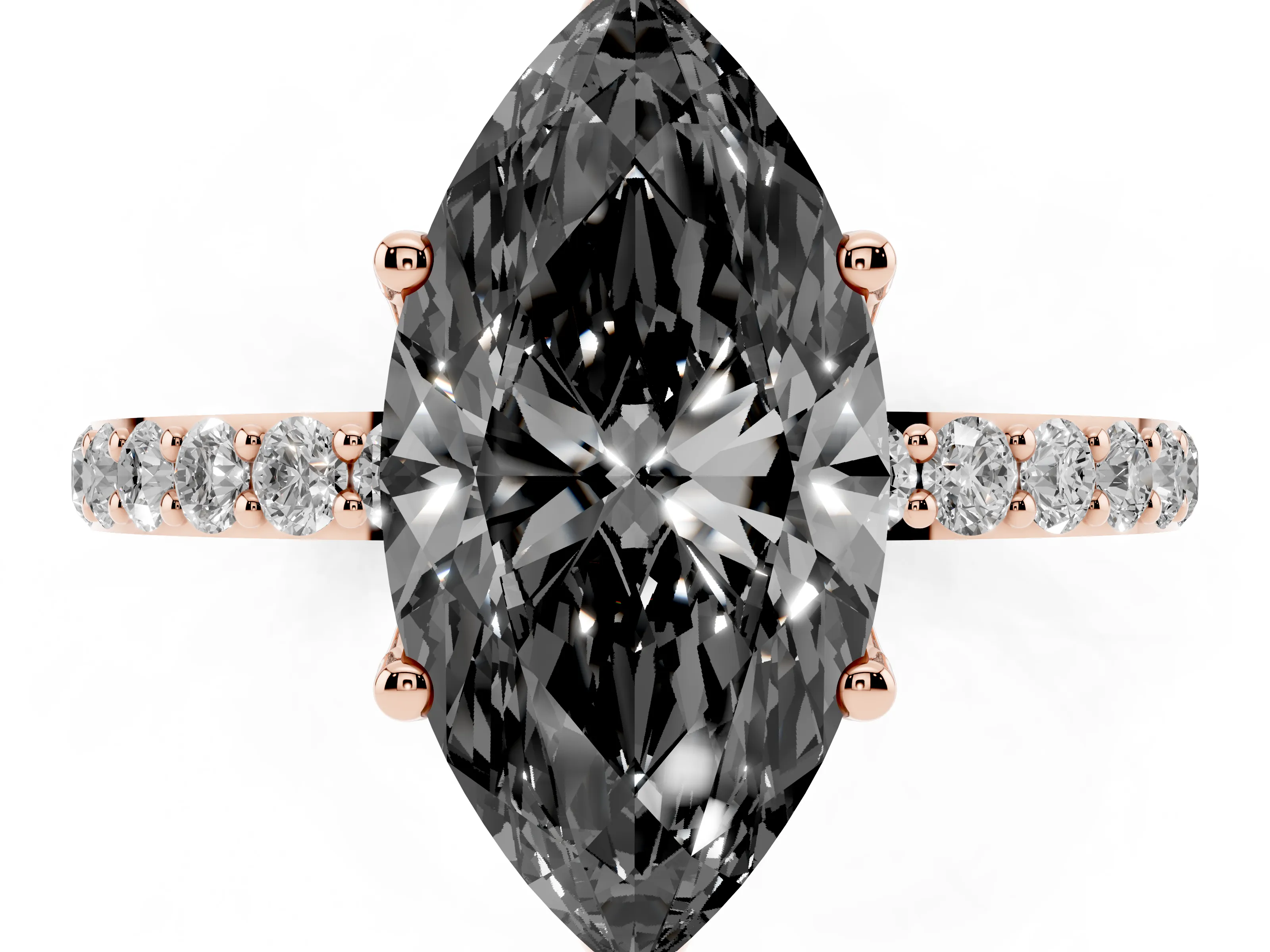 Fancy Black Marquise Cut Diamond Solitaire Engagement Ring Set in Rose gold with Round Pavé Band and Prong Setting