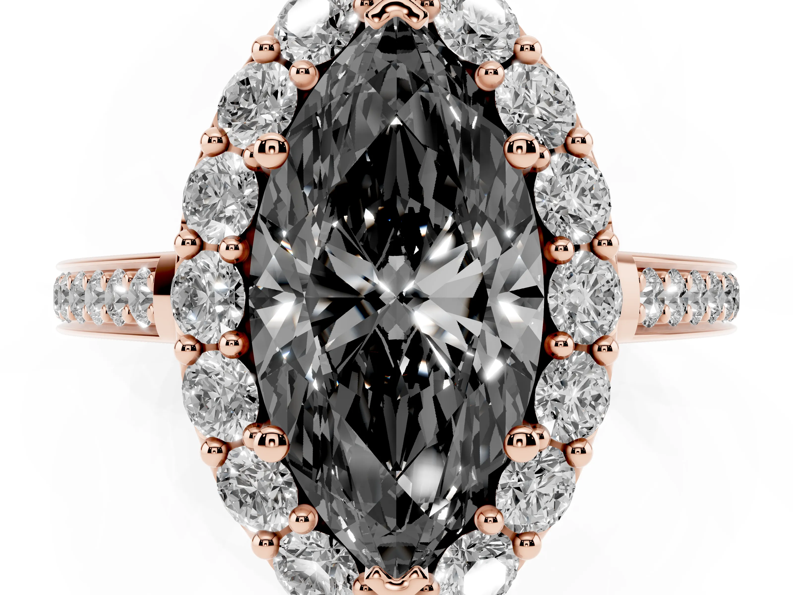 Fancy Black Marquise Cut Diamond Floral Halo Ring Set in Rose gold with Pavé Band and Prong Setting