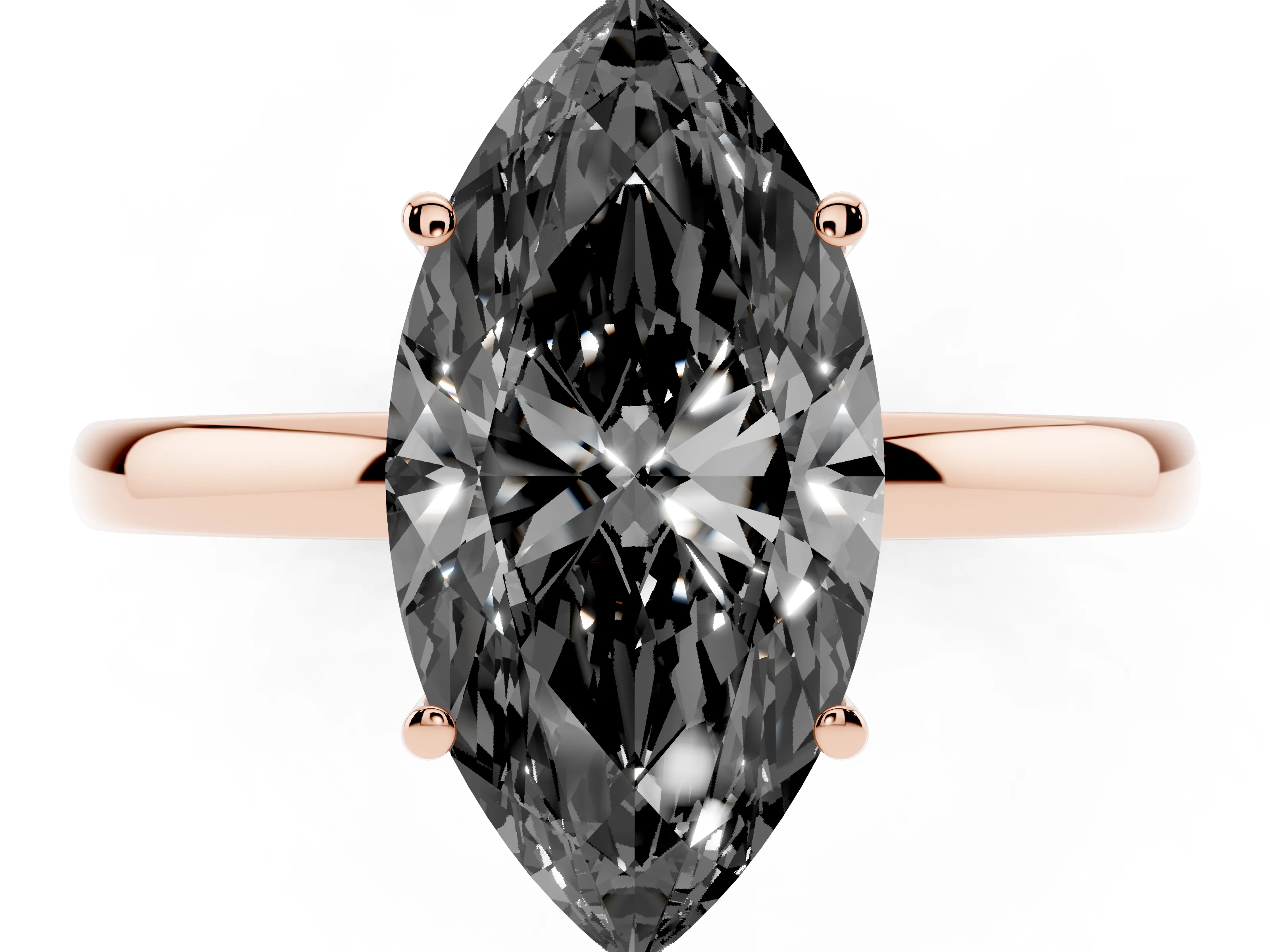 Fancy Black Marquise Cut Diamond Solitaire Ring Set in Rose gold with Plain Band and Prong Setting