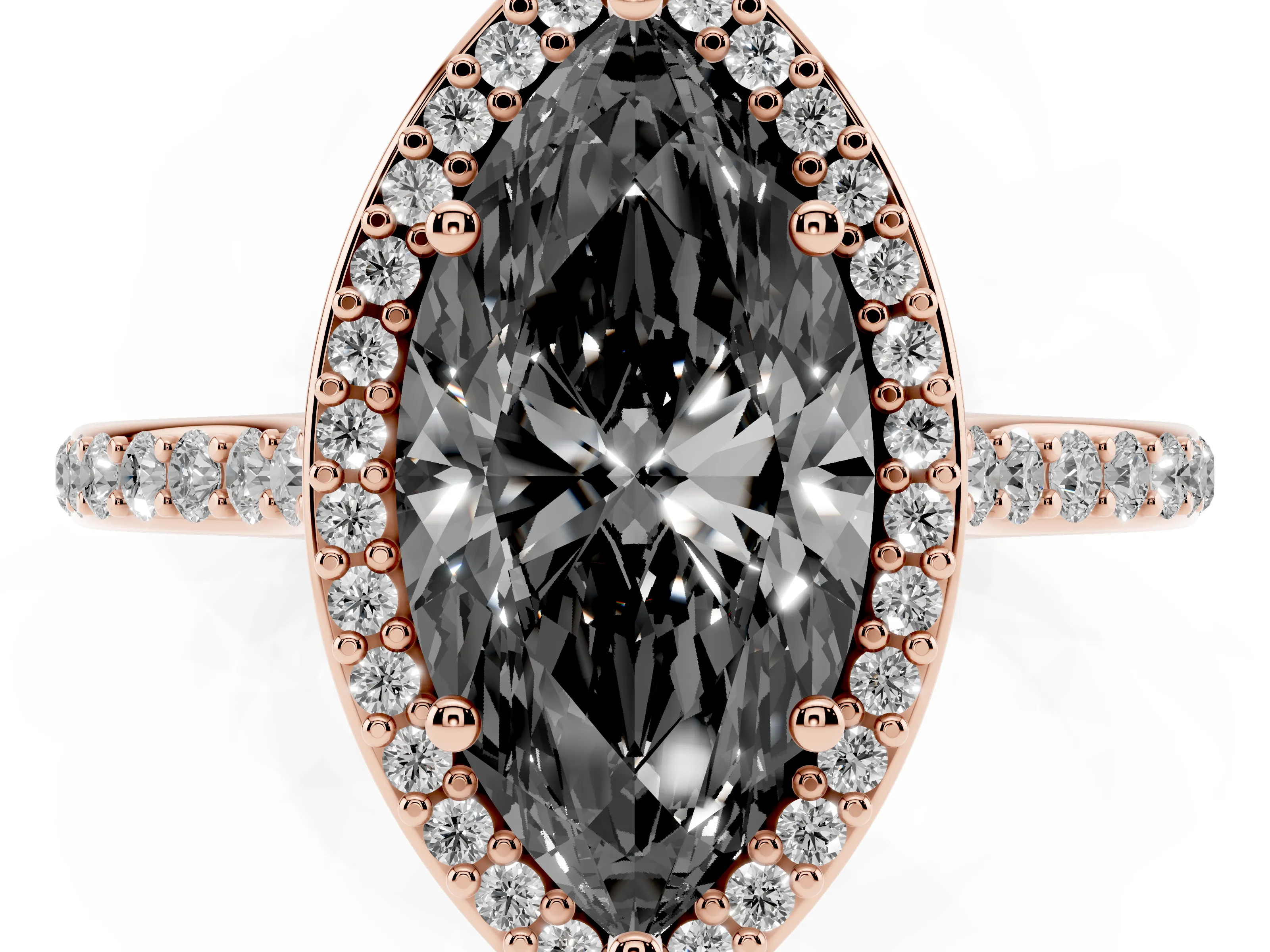 Fancy Black Marquise Cut Diamond Halo Engagement Ring Set in Rose gold with Round Pavé Shoulders and Heart Gallery
