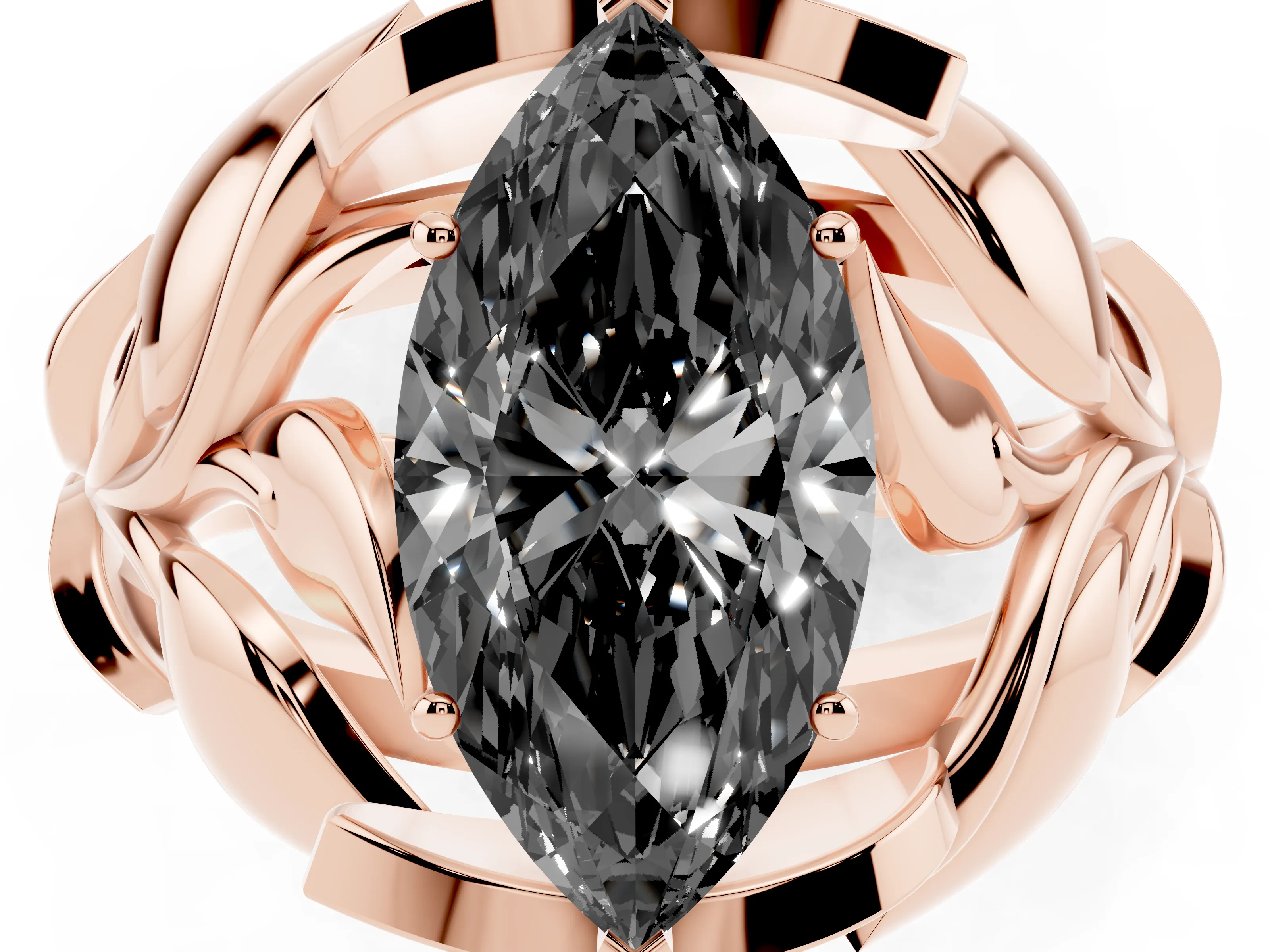 Fancy Black Marquise Cut Diamond Leaf-Inspired Engagement Ring Set in Rose gold with Round Accents