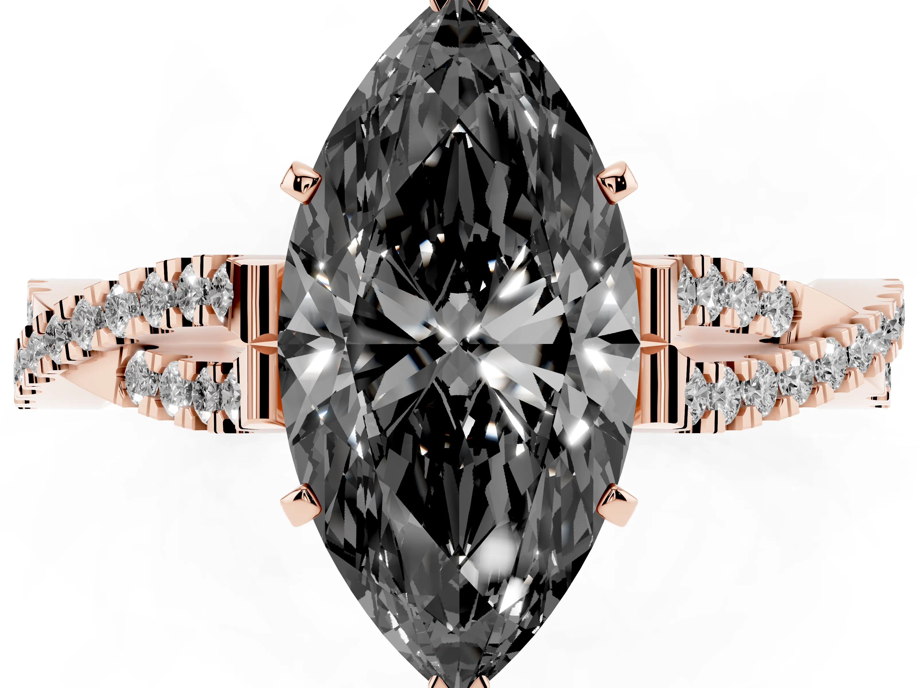 Fancy Black Marquise Cut Diamond Solitaire Engagement Ring Set in Rose gold with Twisted Pavé Band and Prong Setting