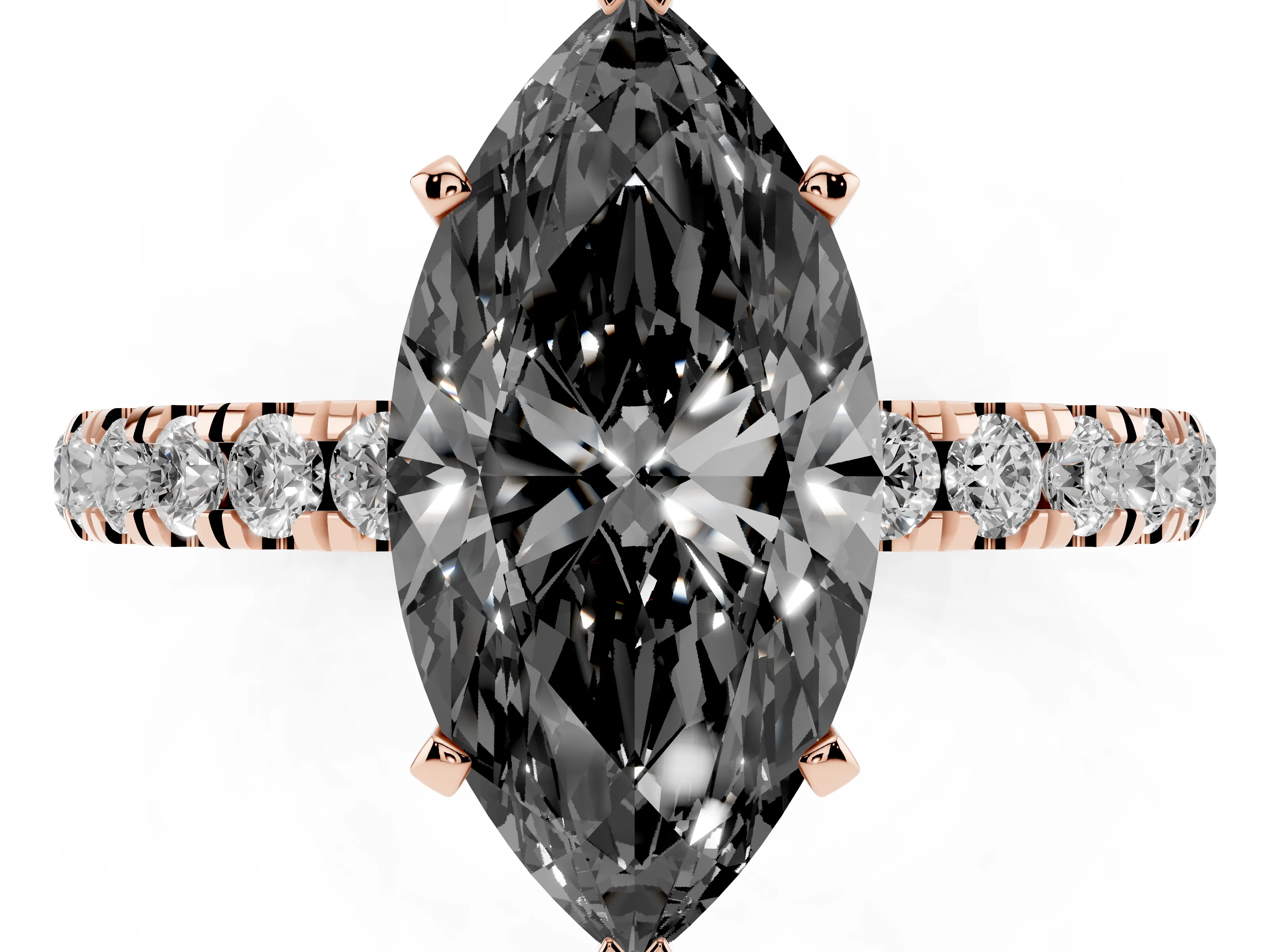 Fancy Black Marquise Cut Diamond Solitaire Ring Set in Rose gold with Pavé Accents and Prong Setting