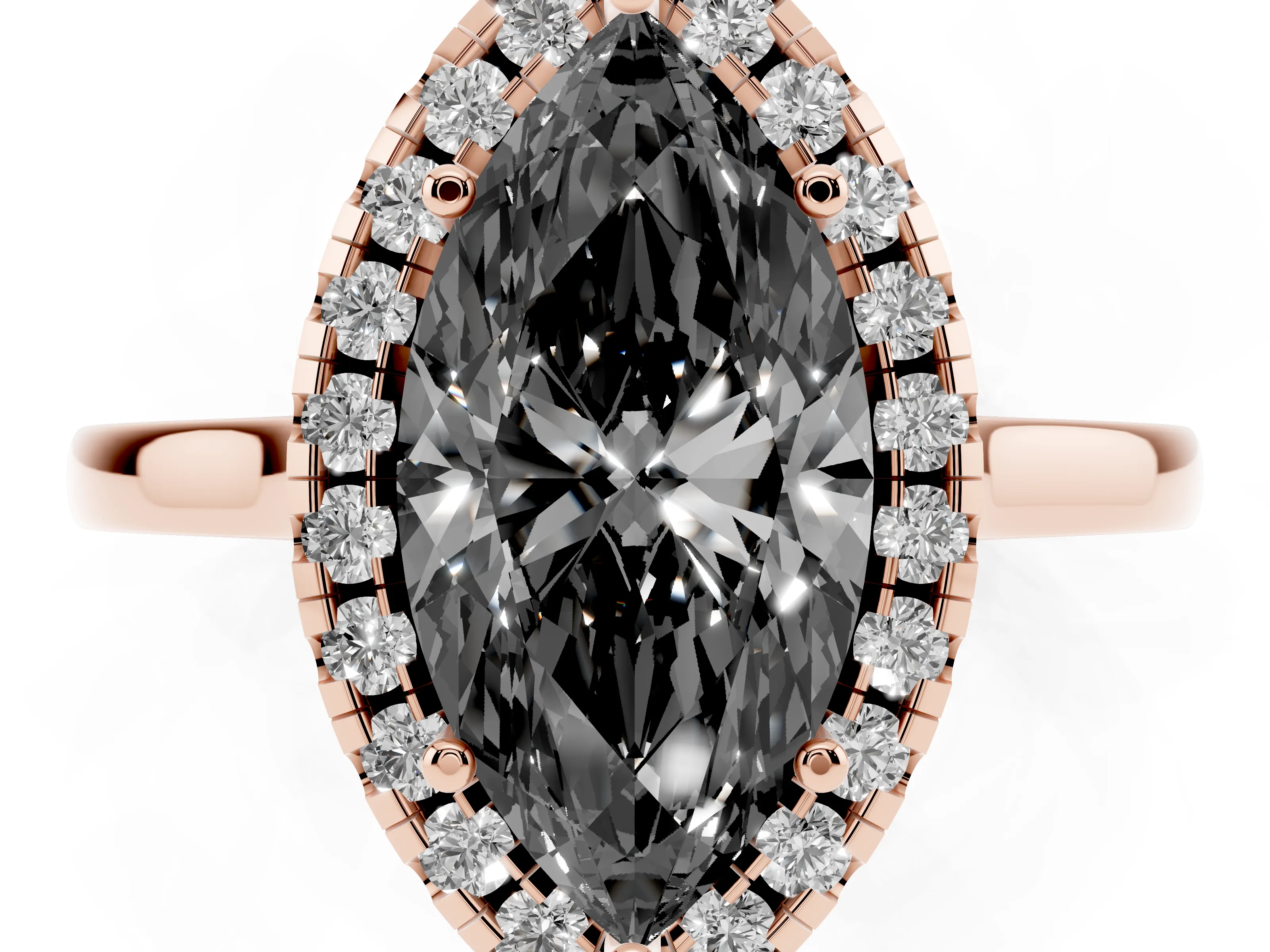 Fancy Black Marquise Cut Halo Round Diamond Solitaire Ring Set in Rose gold with Pavé Band and Prong Setting