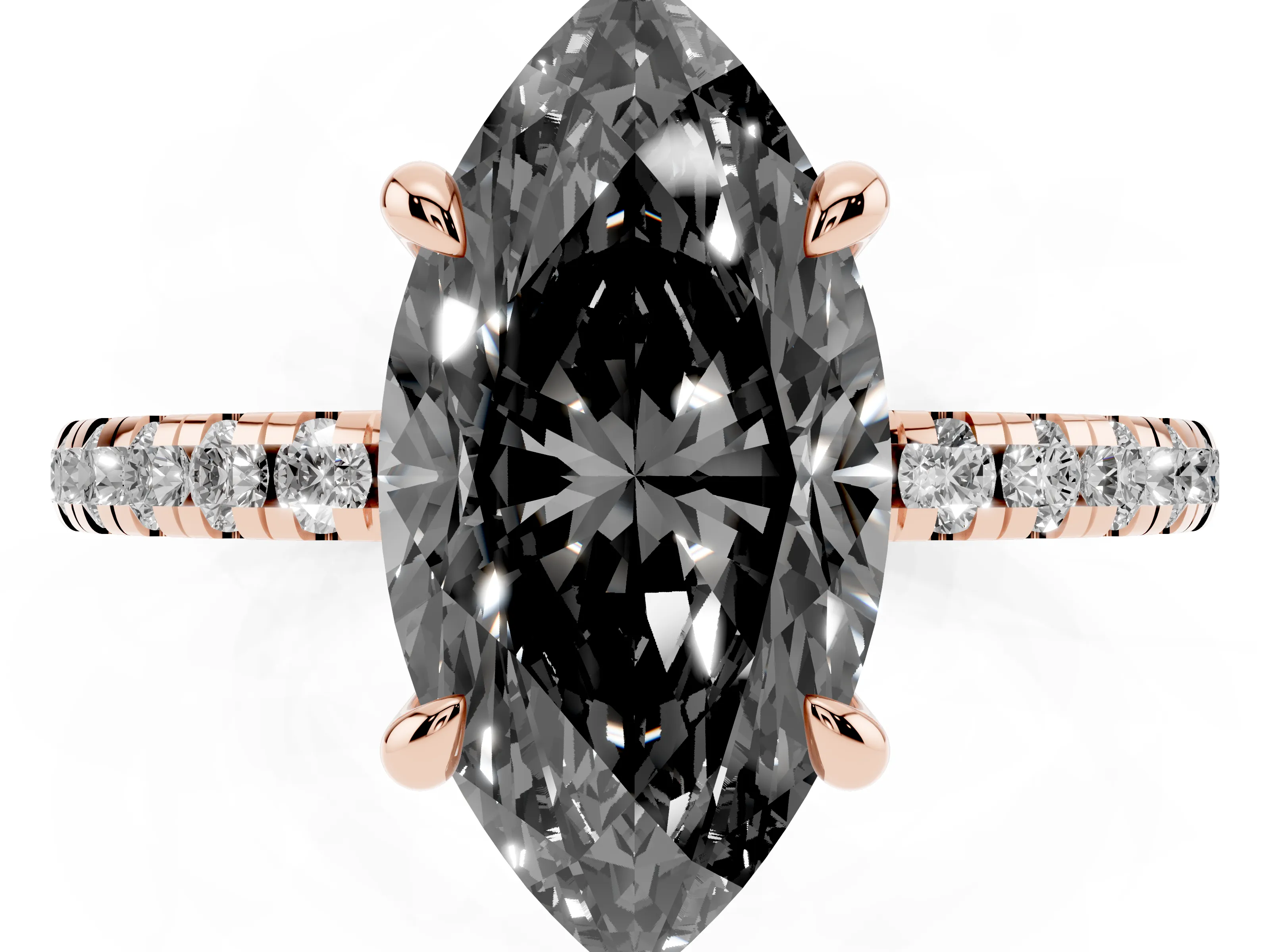 Fancy Black Marquise Cut Diamond Brilliant Solitaire Ring Set in Rose gold with Pavé Band and Prong Setting