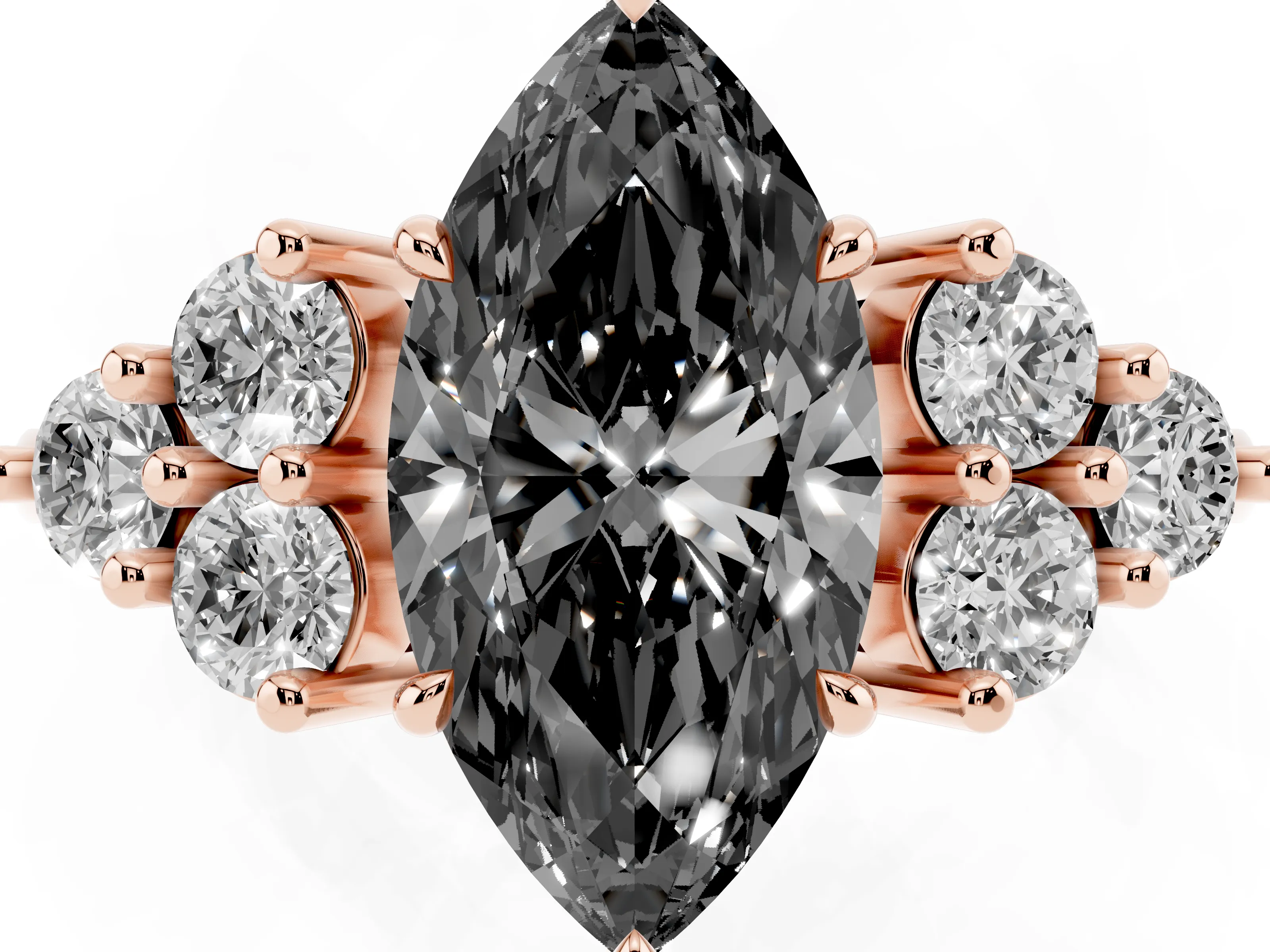 Fancy Black Marquise Cut Diamond Solitaire Ring Set in Rose gold with Cluster Accents on Each Side