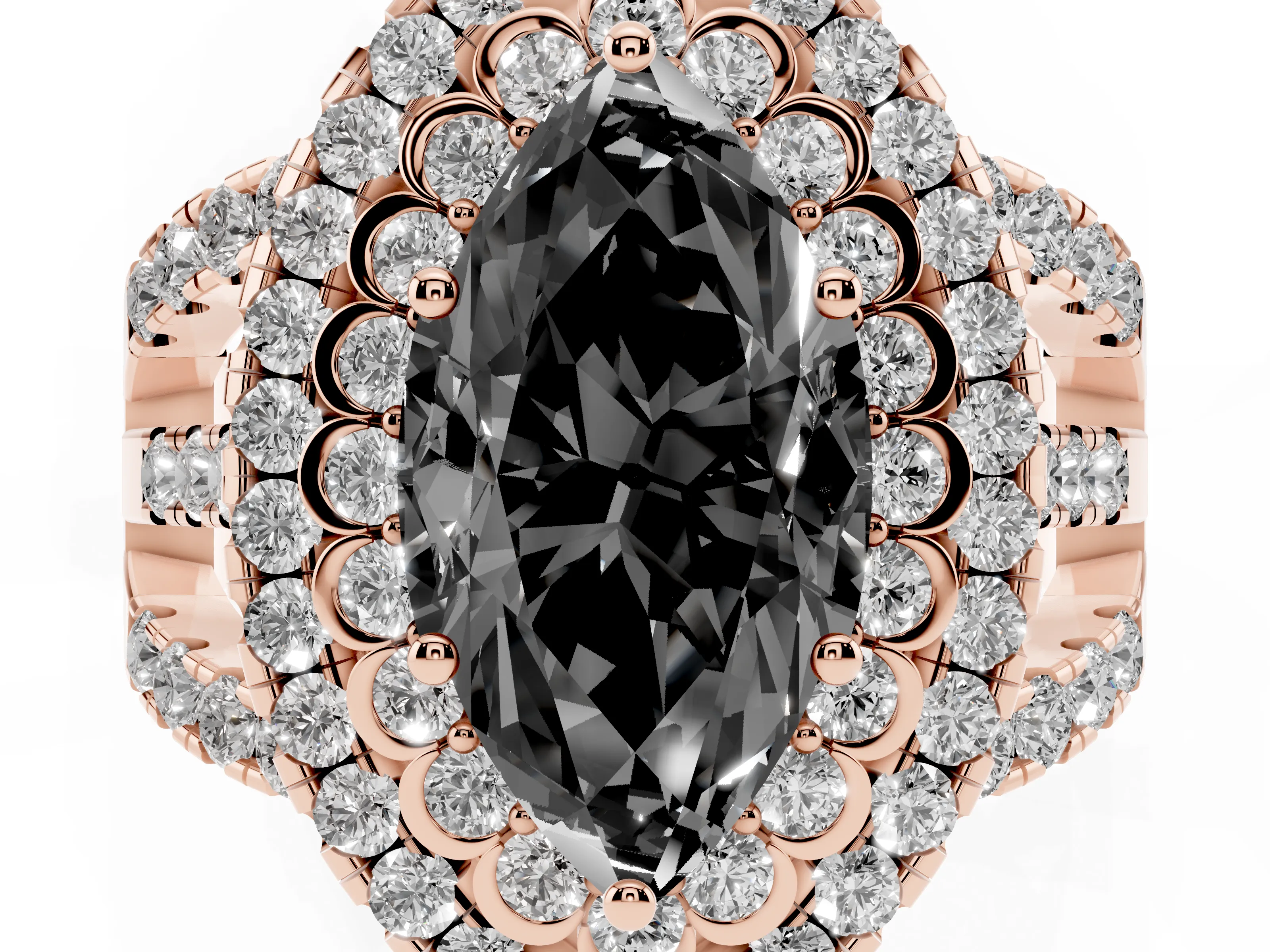 Fancy Black Marquise Cut Diamond Double Halo Ring Set in Rose gold with Round Pavé Split Shank