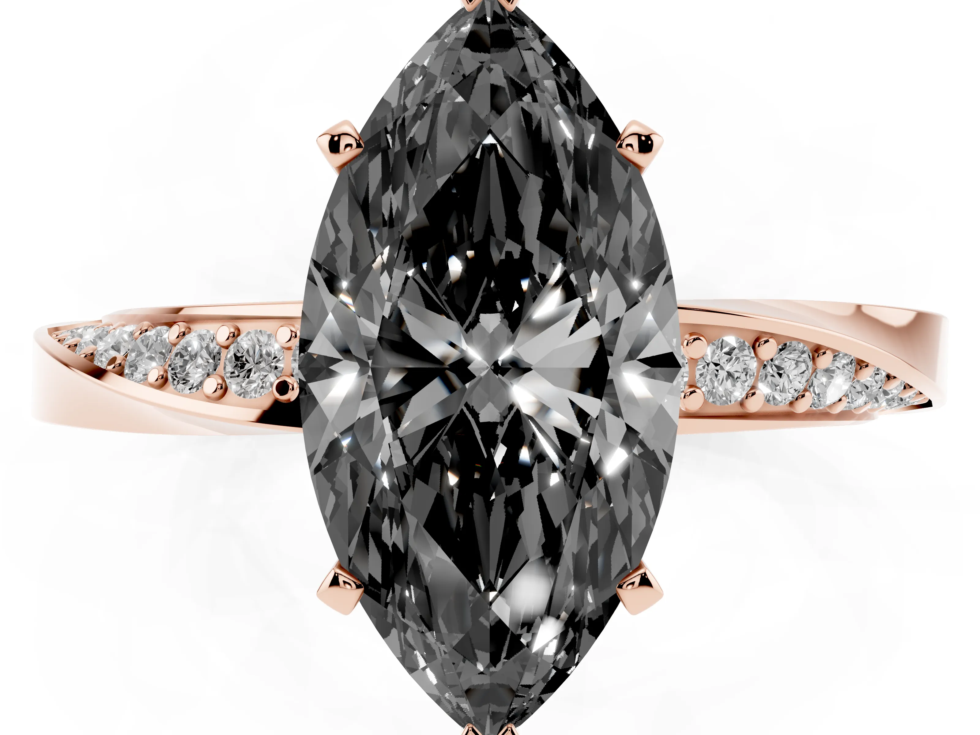 Fancy Black Marquise Cut Diamond Engagement Ring Set in Rose gold with Side Stone Accents and Prong Setting