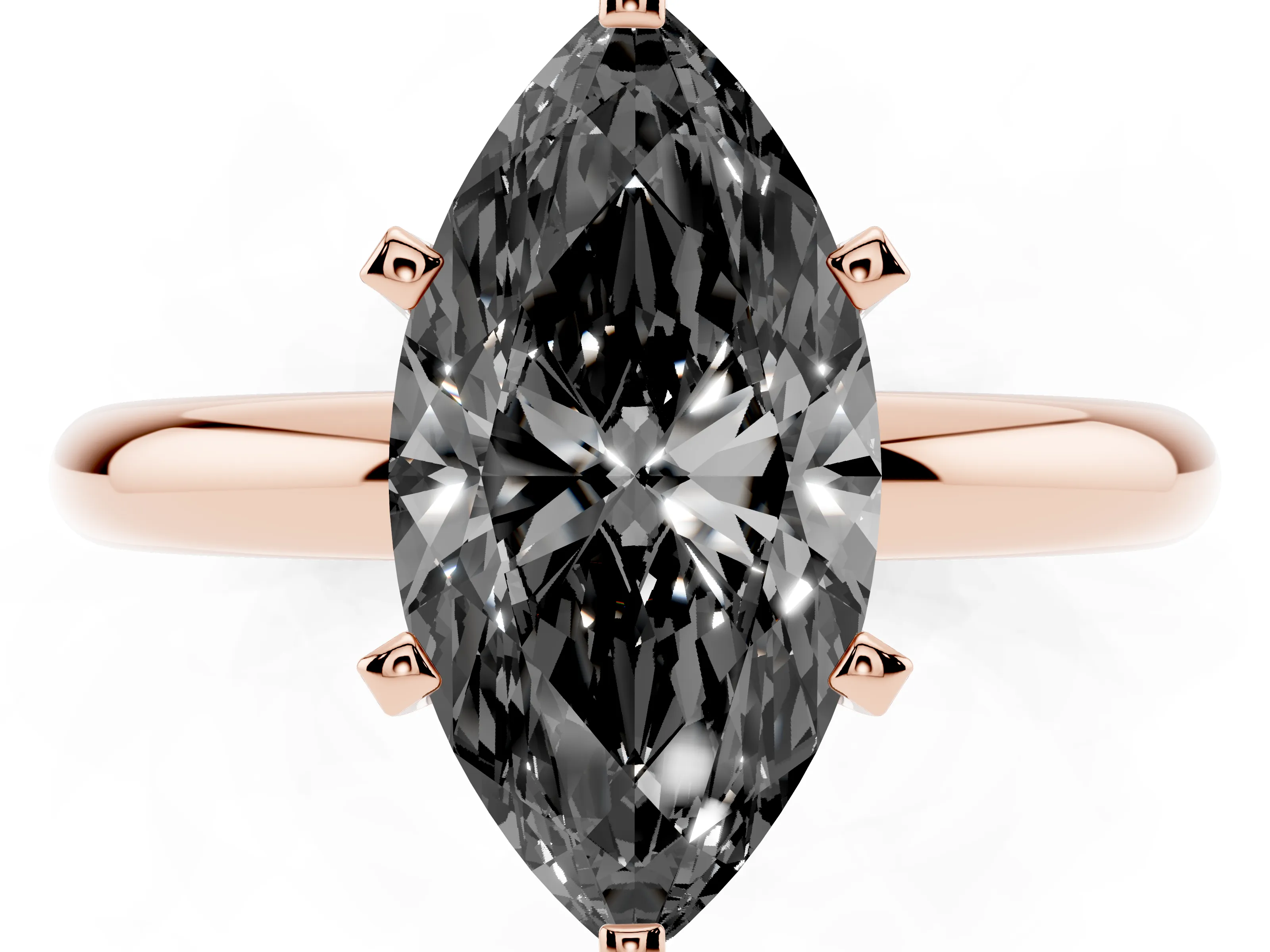 Fancy Black Marquise Cut Diamond Solitaire Engagement Ring Set in Rose gold with Round Band and Prong Setting