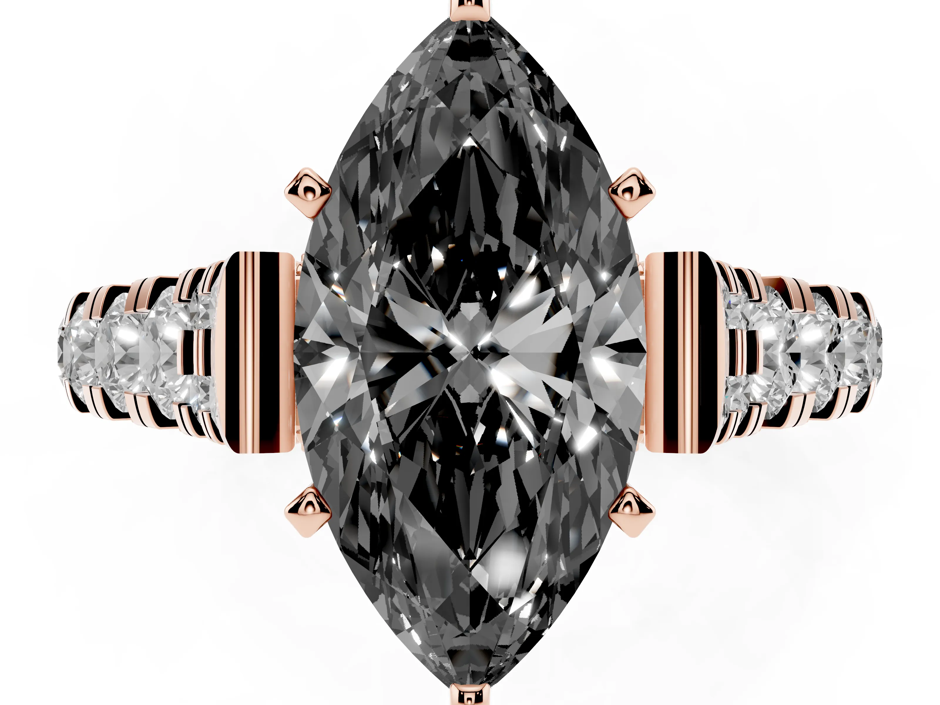 Fancy Black Marquise Cut Diamond Classic Solitaire Ring Set in Rose gold with Pavé Band and Prong Setting