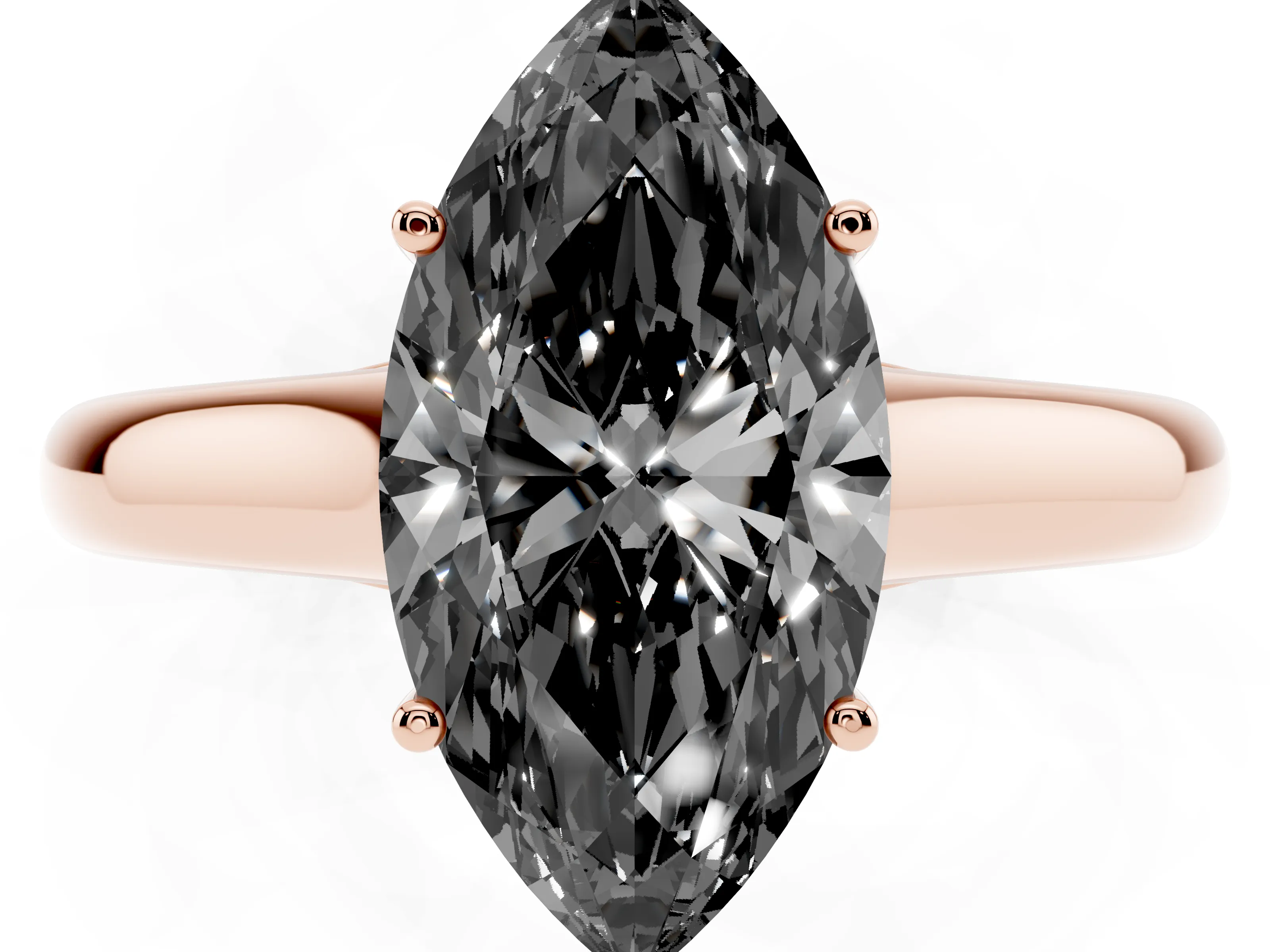 Fancy Black Marquise Cut Diamond Solitaire Engagement Ring Set in Rose gold with Subtly Tapered Band and Prong Setting