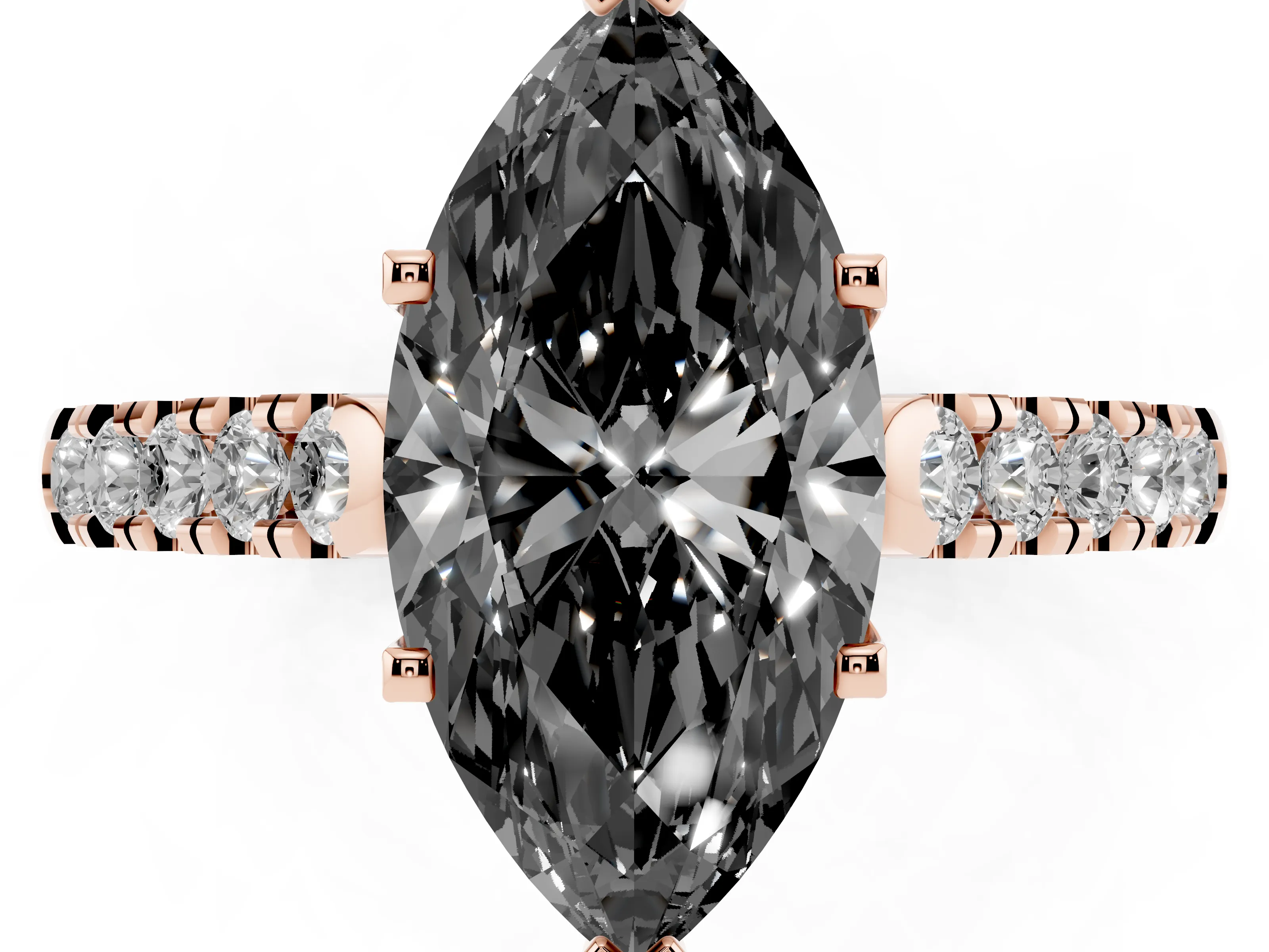 Fancy Black Marquise Cut Diamond Pavé Band Solitaire Ring Set in Rose gold with Partway Accent Stones and Prong Setting