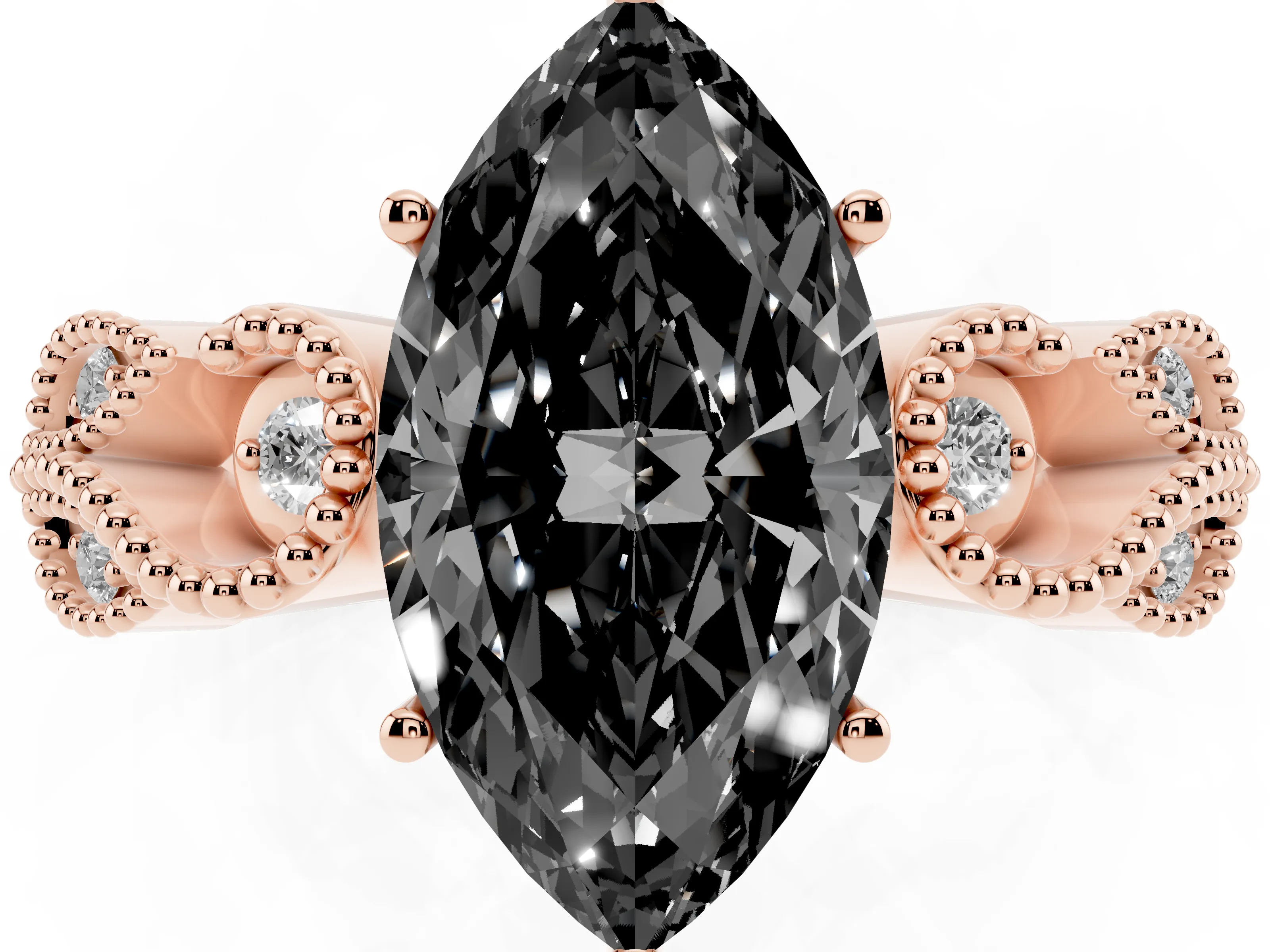 Fancy Black Marquise Cut Diamond Milgrain Leaf Band Solitaire Ring Set in Rose gold with Accent Stones and Prong Setting