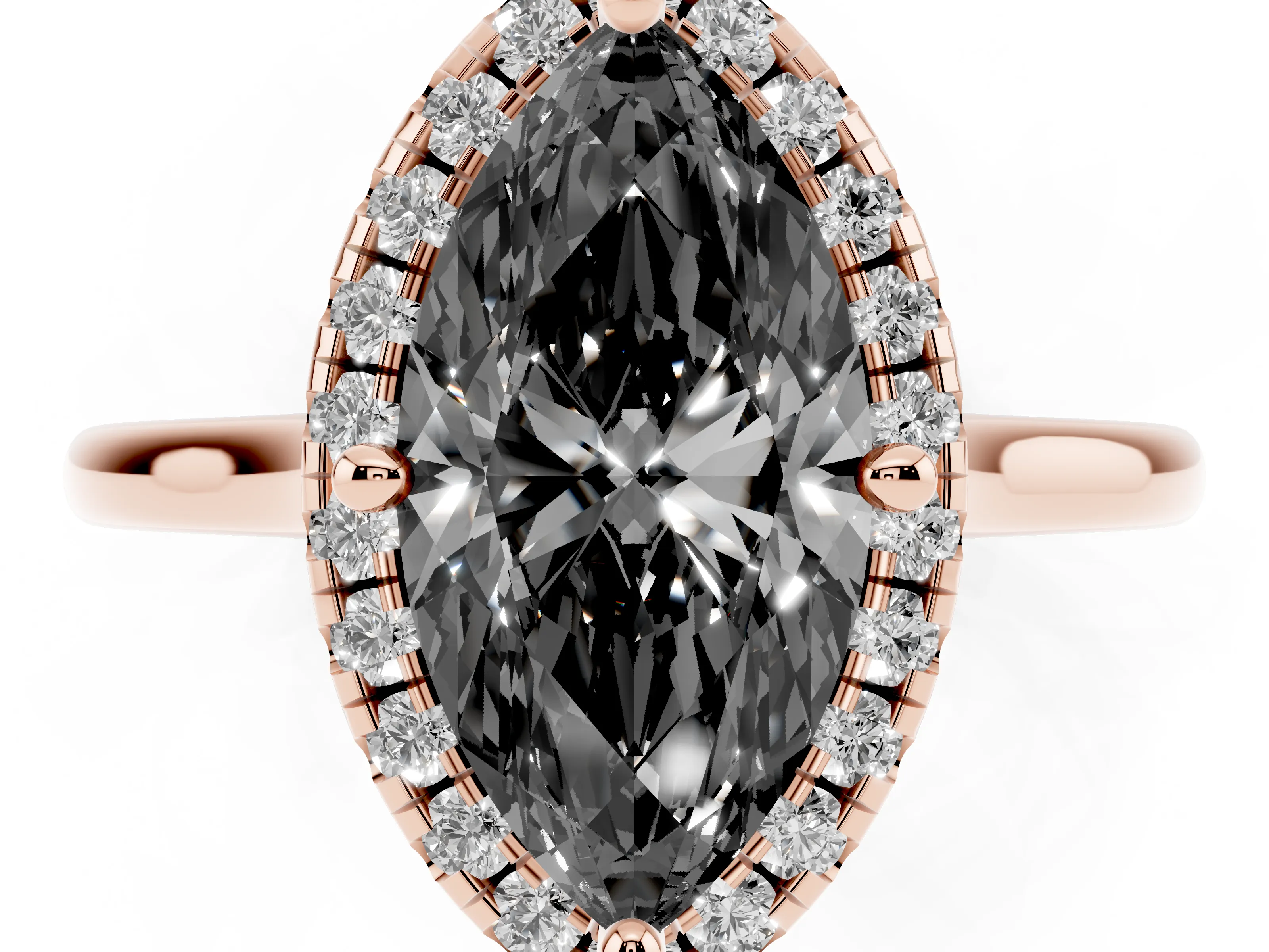 Fancy Black Marquise Cut Diamond Halo Engagement Ring Set in Rose gold with Pavé Band and Rising Shoulders