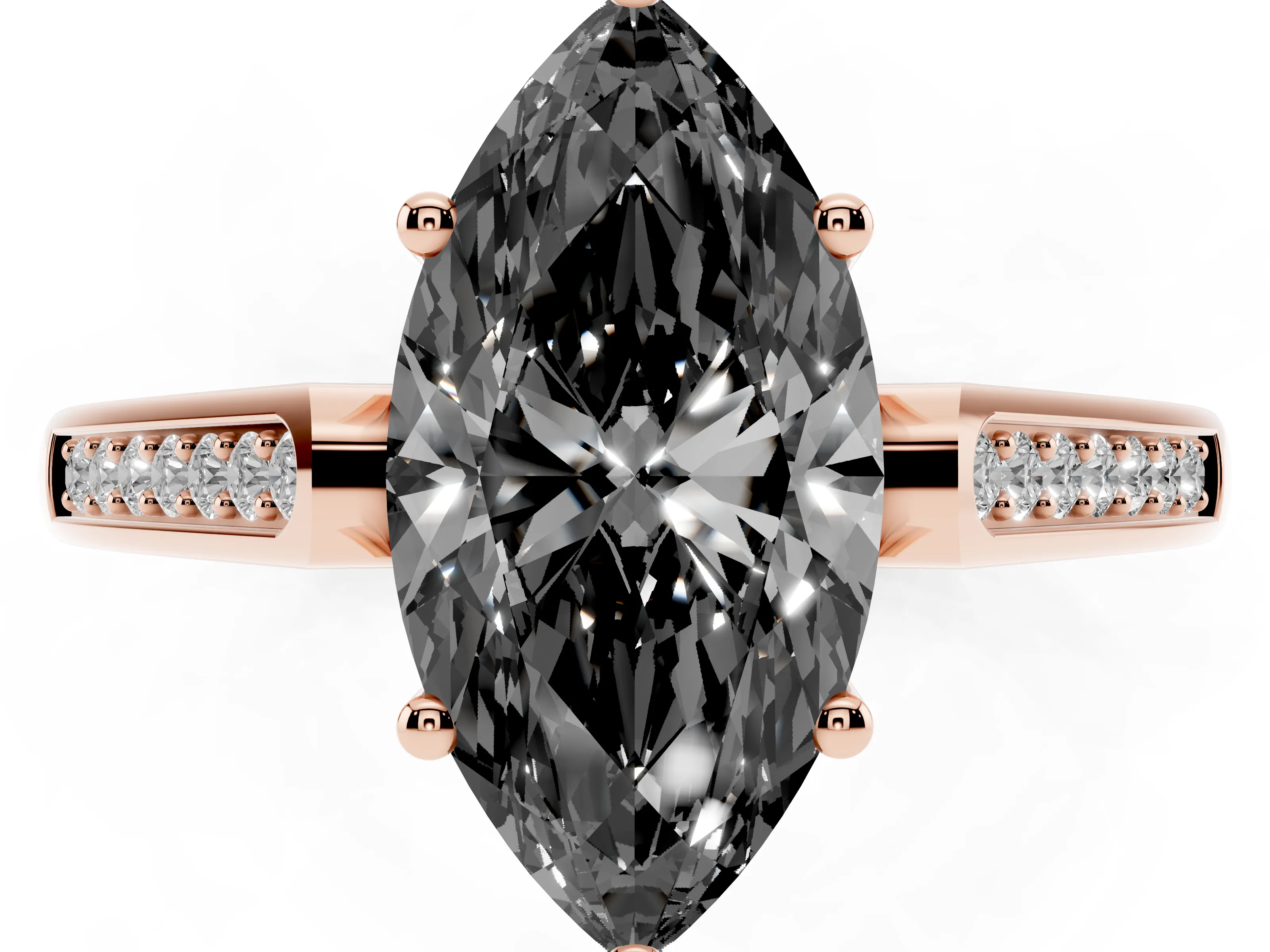 Fancy Black Marquise Cut Diamond Solitaire Cathedral Engagement Ring Set in Rose gold with Channel-Set Band and Prong Setting