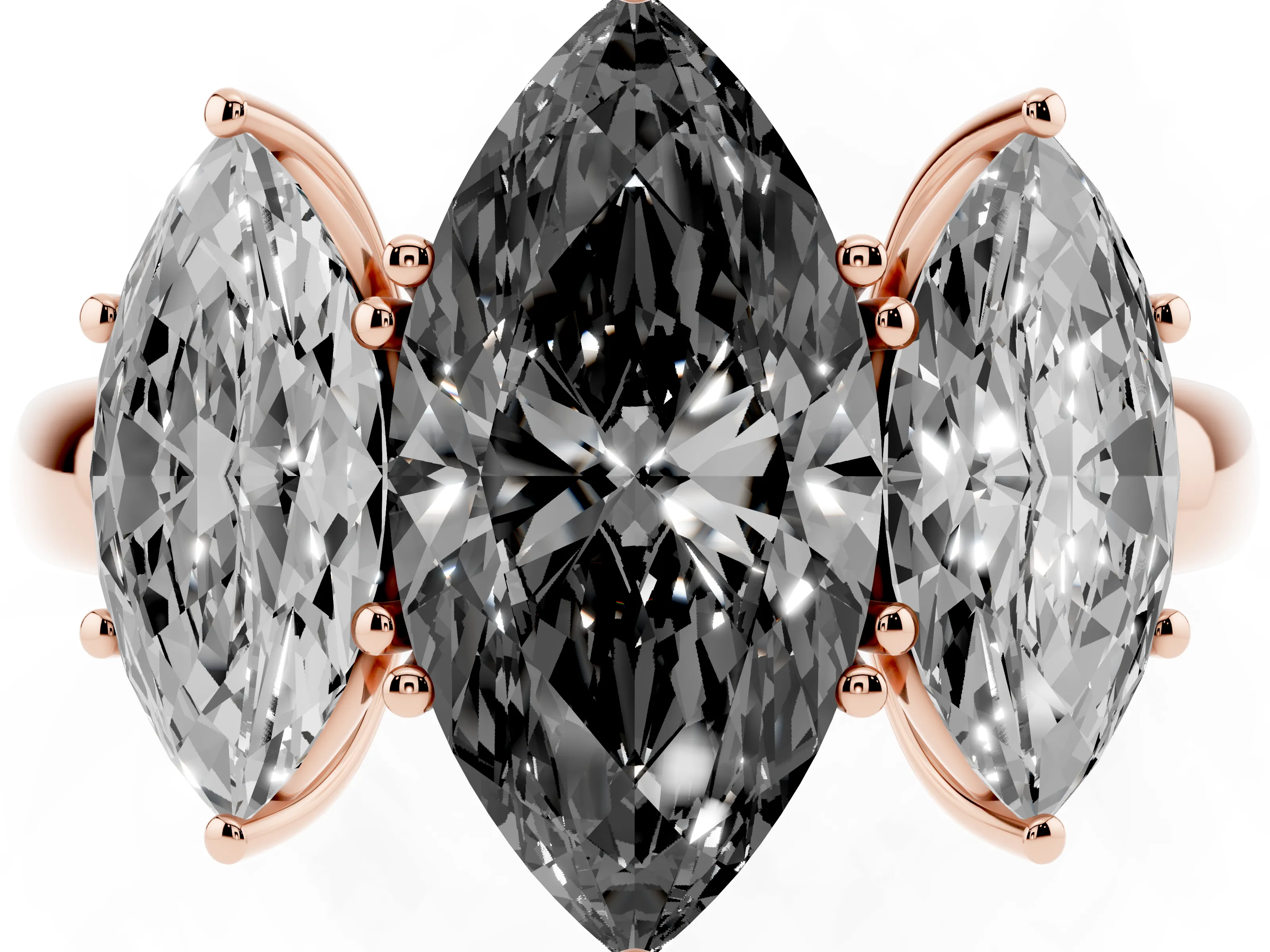Fancy Black Marquise Cut Diamond Three-Stone Ring Set in Rose gold with Bold Center and Classic Band