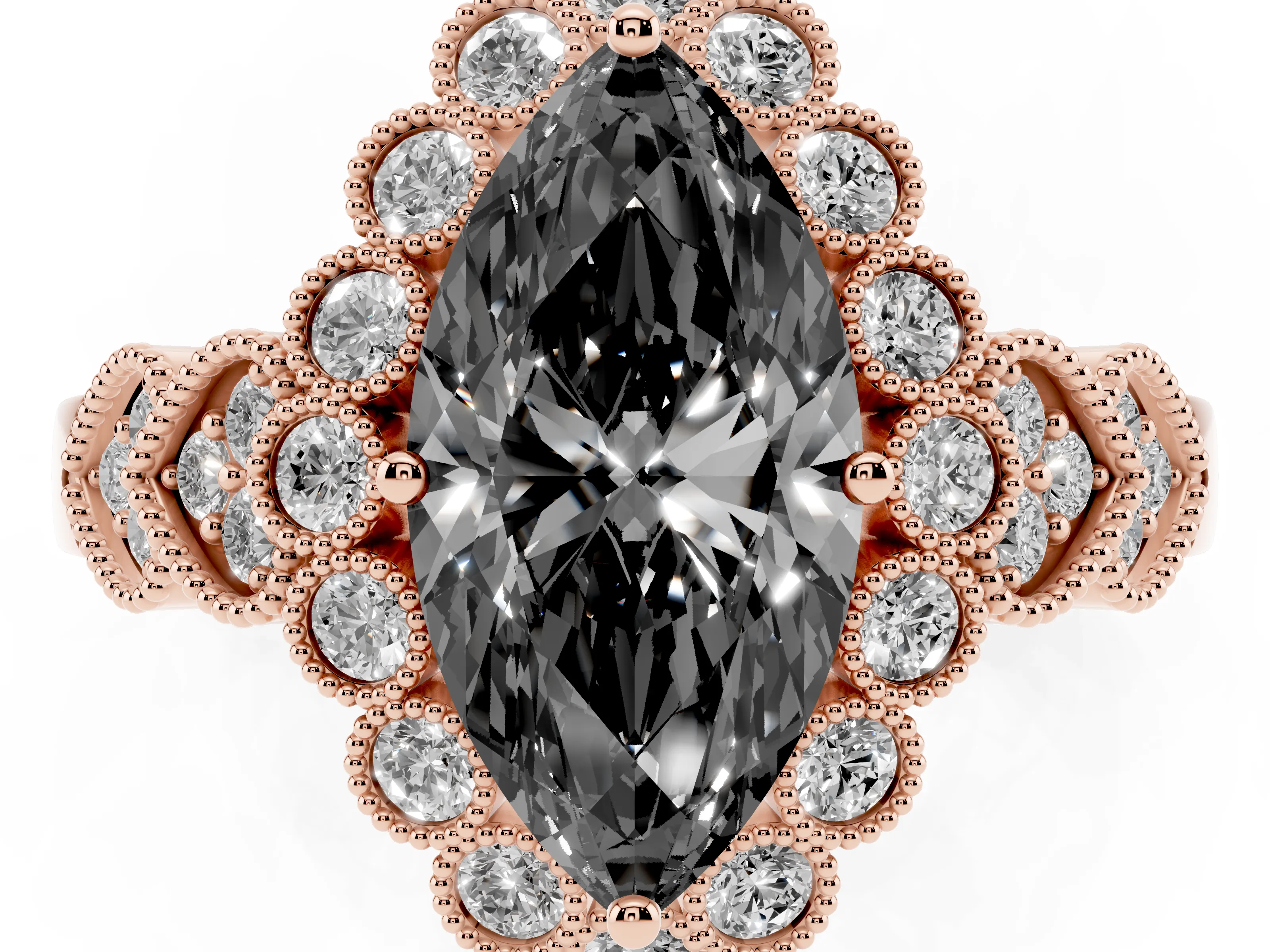 Fancy Black Marquise Cut Diamond Solitaire Ring Set in Rose gold with Milgrain Pavé Heart Band