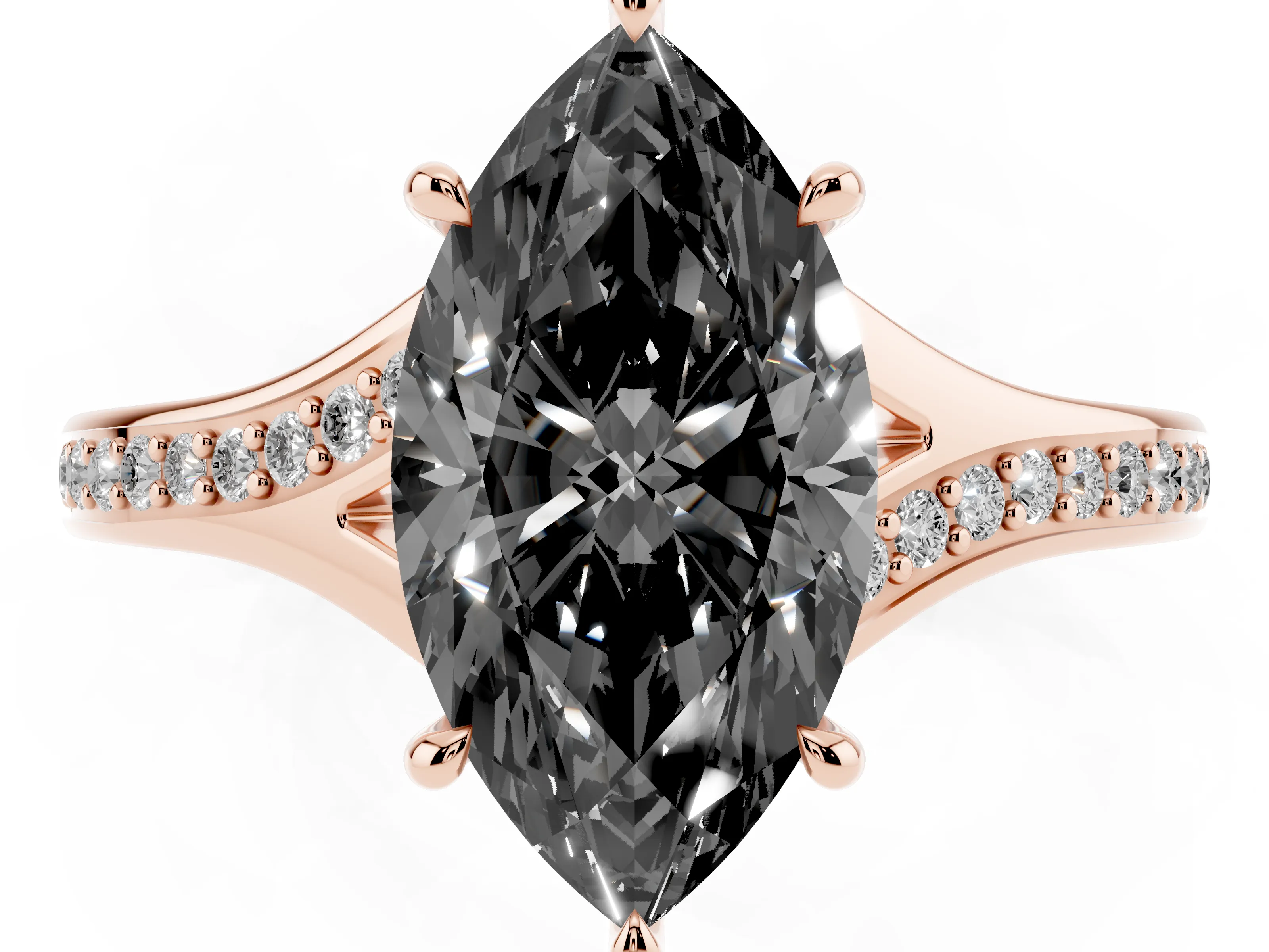 Fancy Black Marquise Cut Diamond Solitaire Ring Set in Rose gold with Pavé Accent Band and Classic Prong Setting