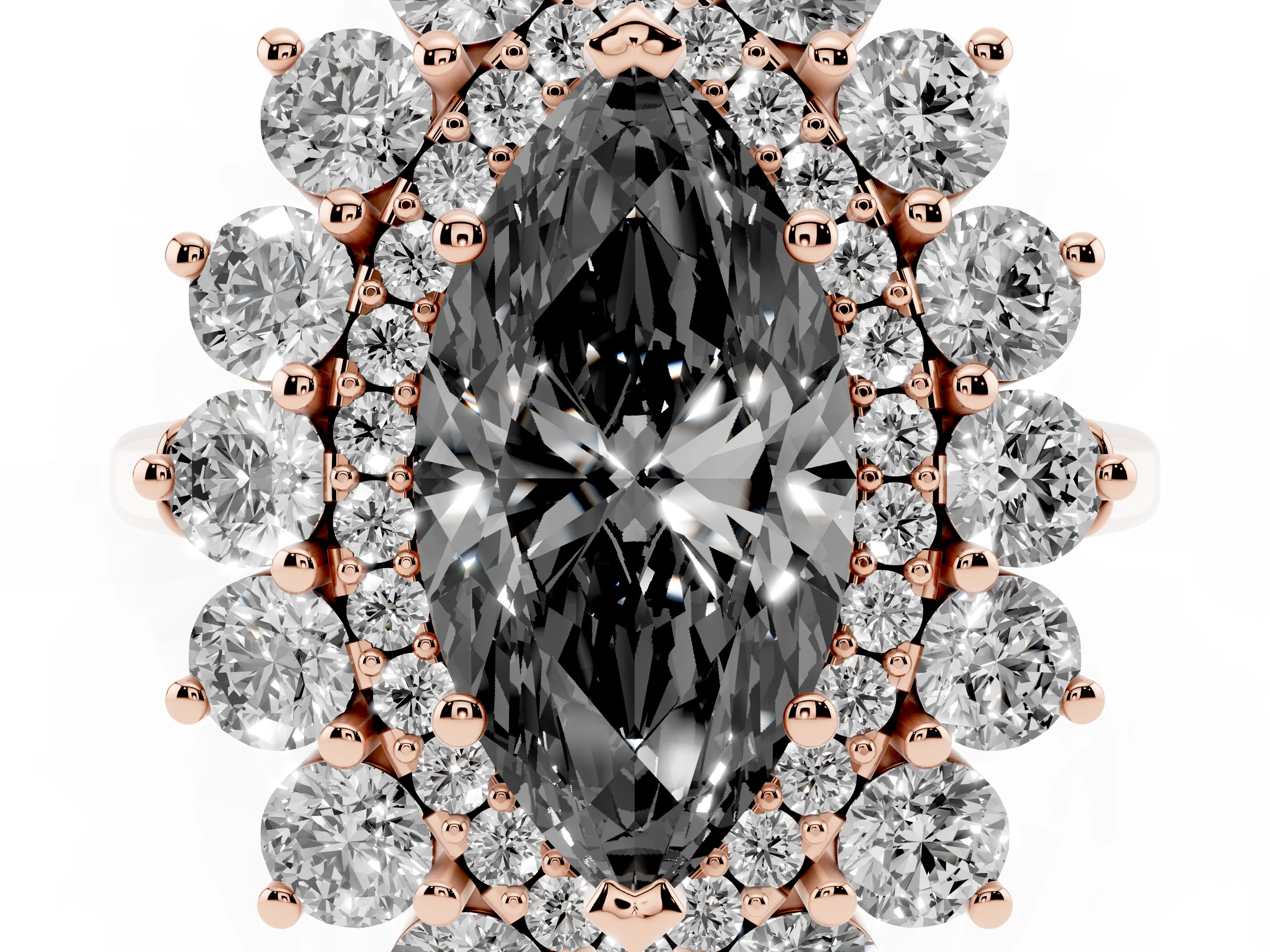 Fancy Black Marquise Cut Diamond Floral Double Halo Ring Set in Rose gold with Round Petals