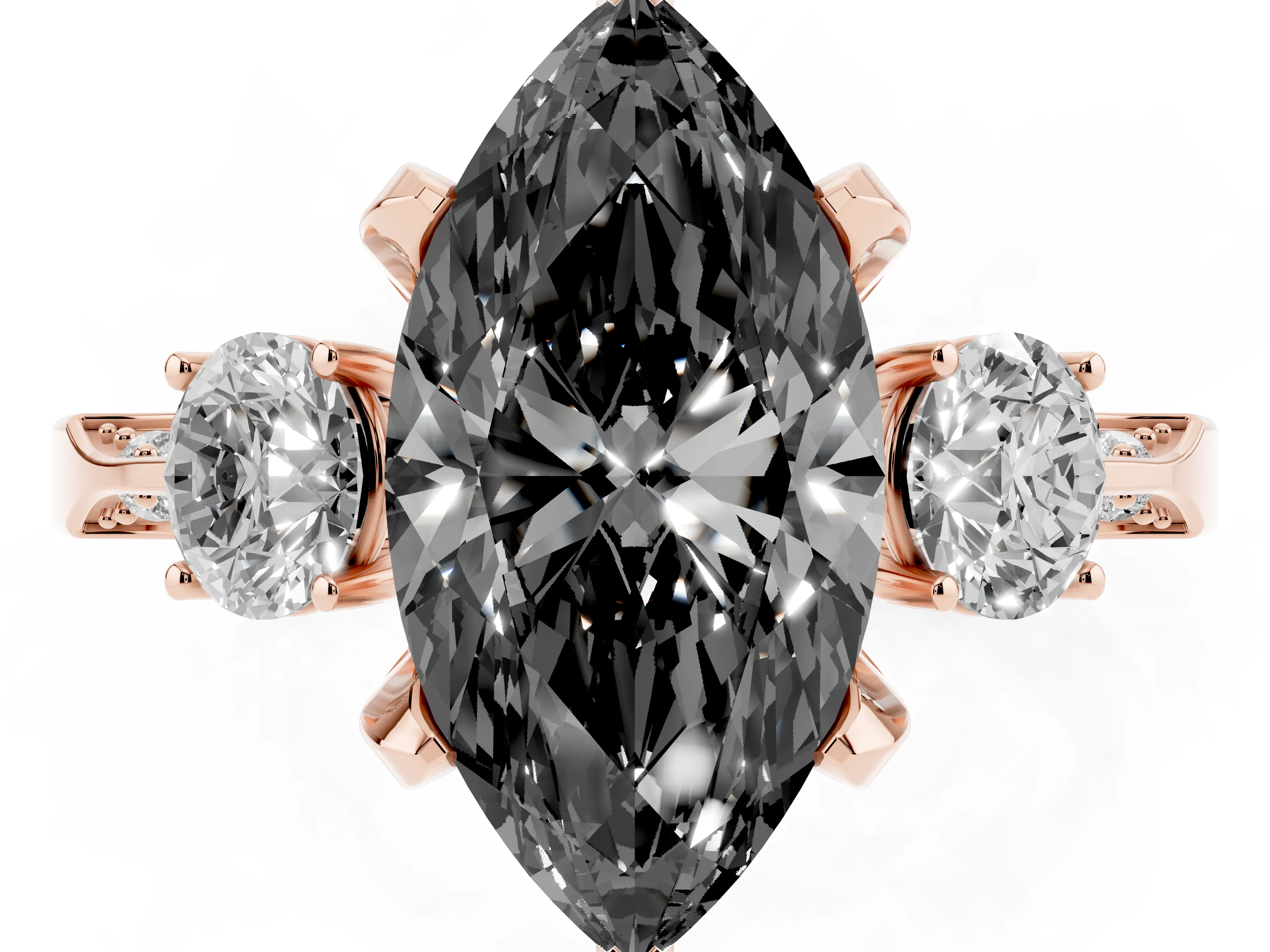 Fancy Black Marquise Cut Diamond Three-Stone Ring Set in Rose gold with Pavé Band and Smaller Side Stones