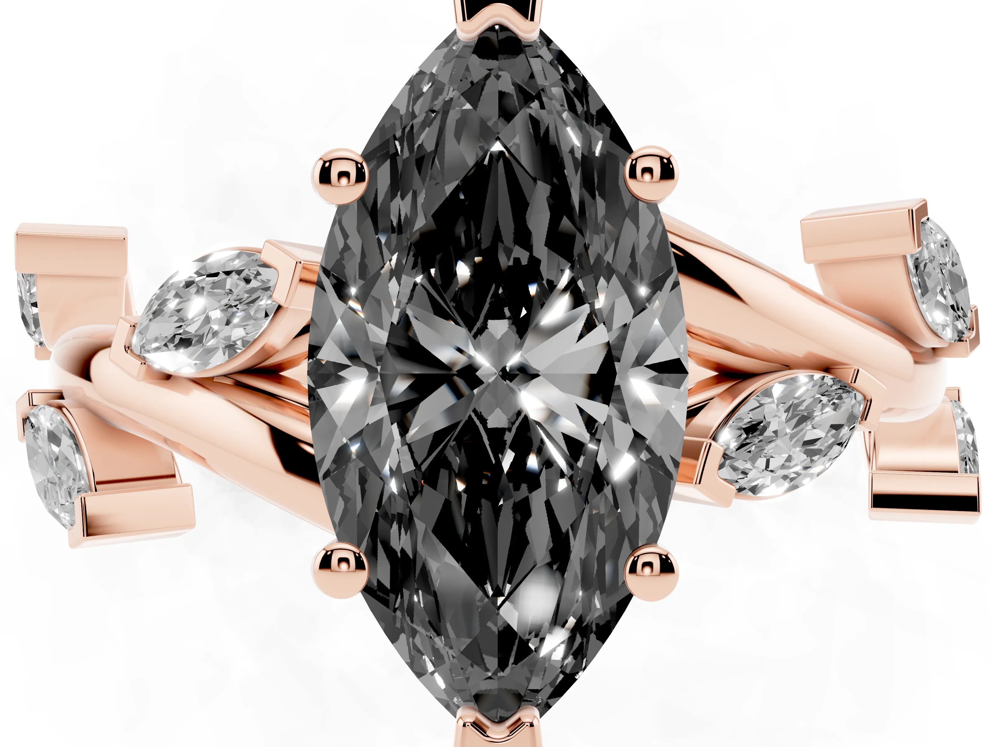 Fancy Black Marquise Cut Diamond Solitaire Ring Set in Rose gold with Twisted Marquise Accent Band