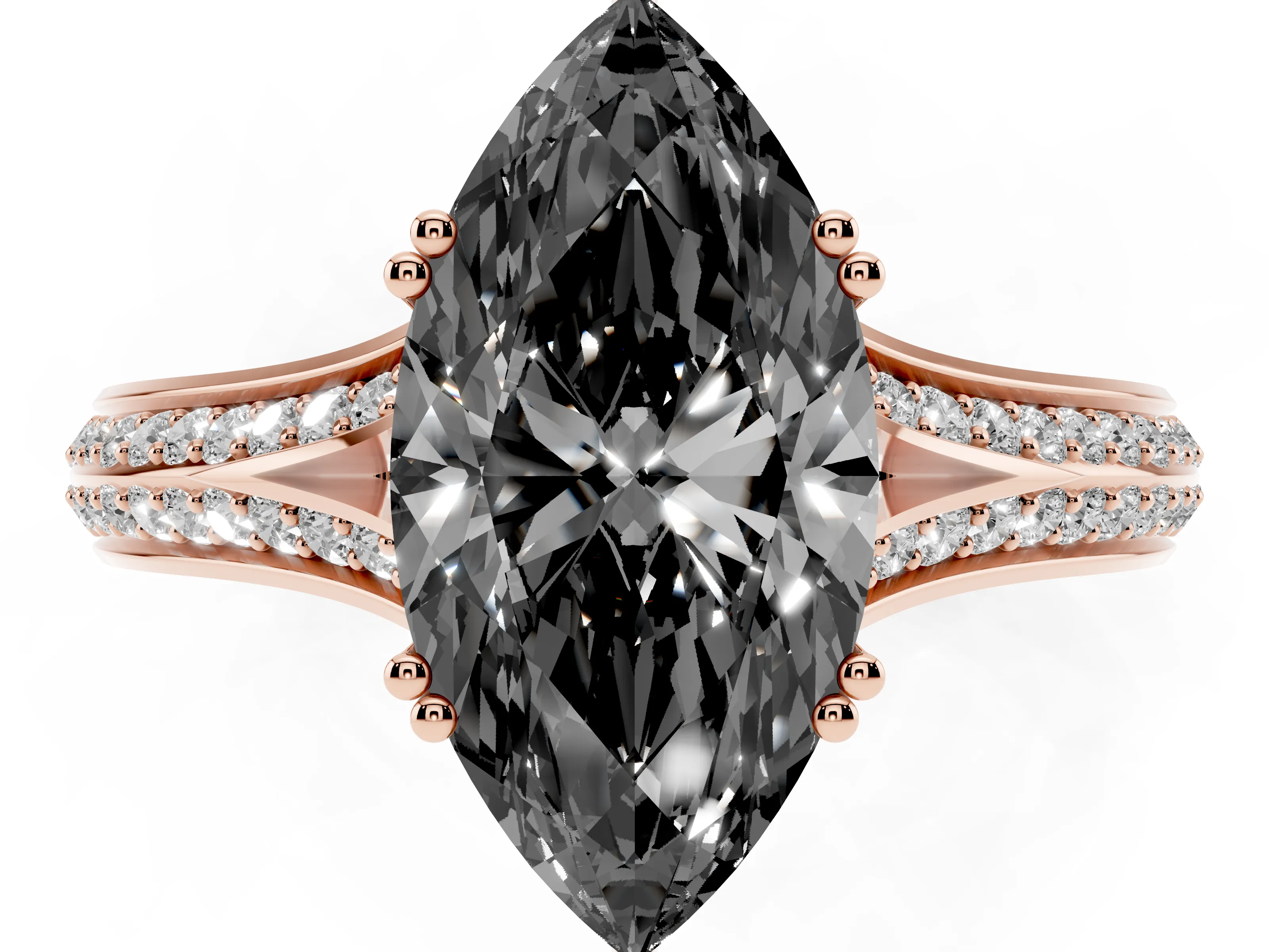 Fancy Black Marquise Cut Diamond Split Shank Pavé Engagement Ring Set in Rose gold with Prong-Set Center Stone