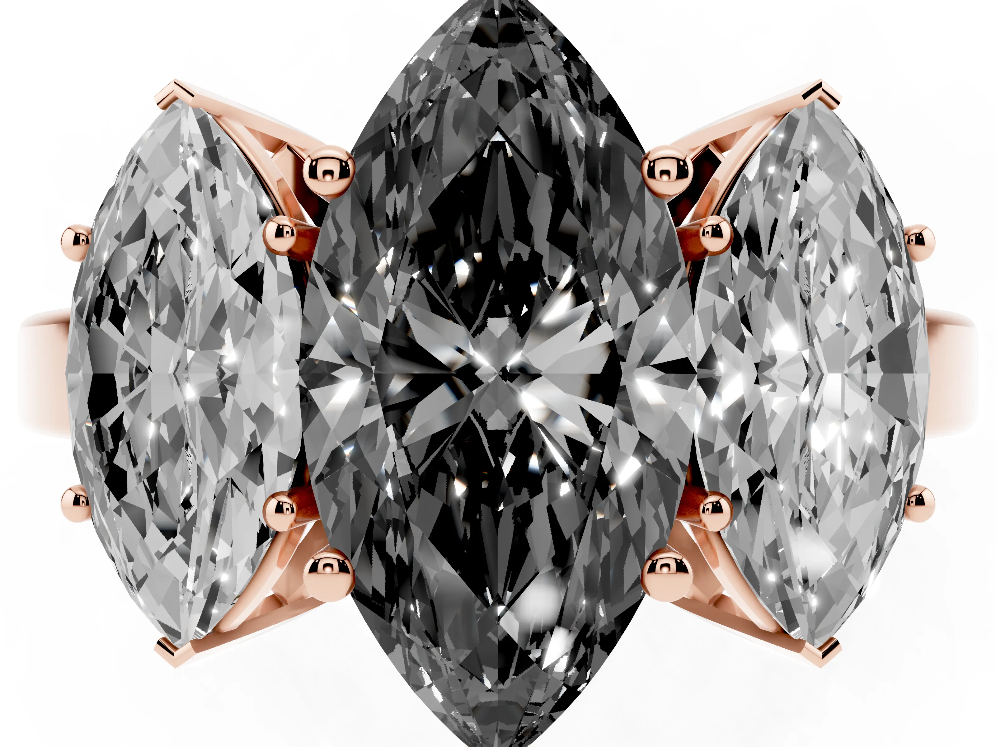 Fancy Black Marquise Cut Diamond Three-Stone Engagement Ring Set in Rose gold with Flat Band