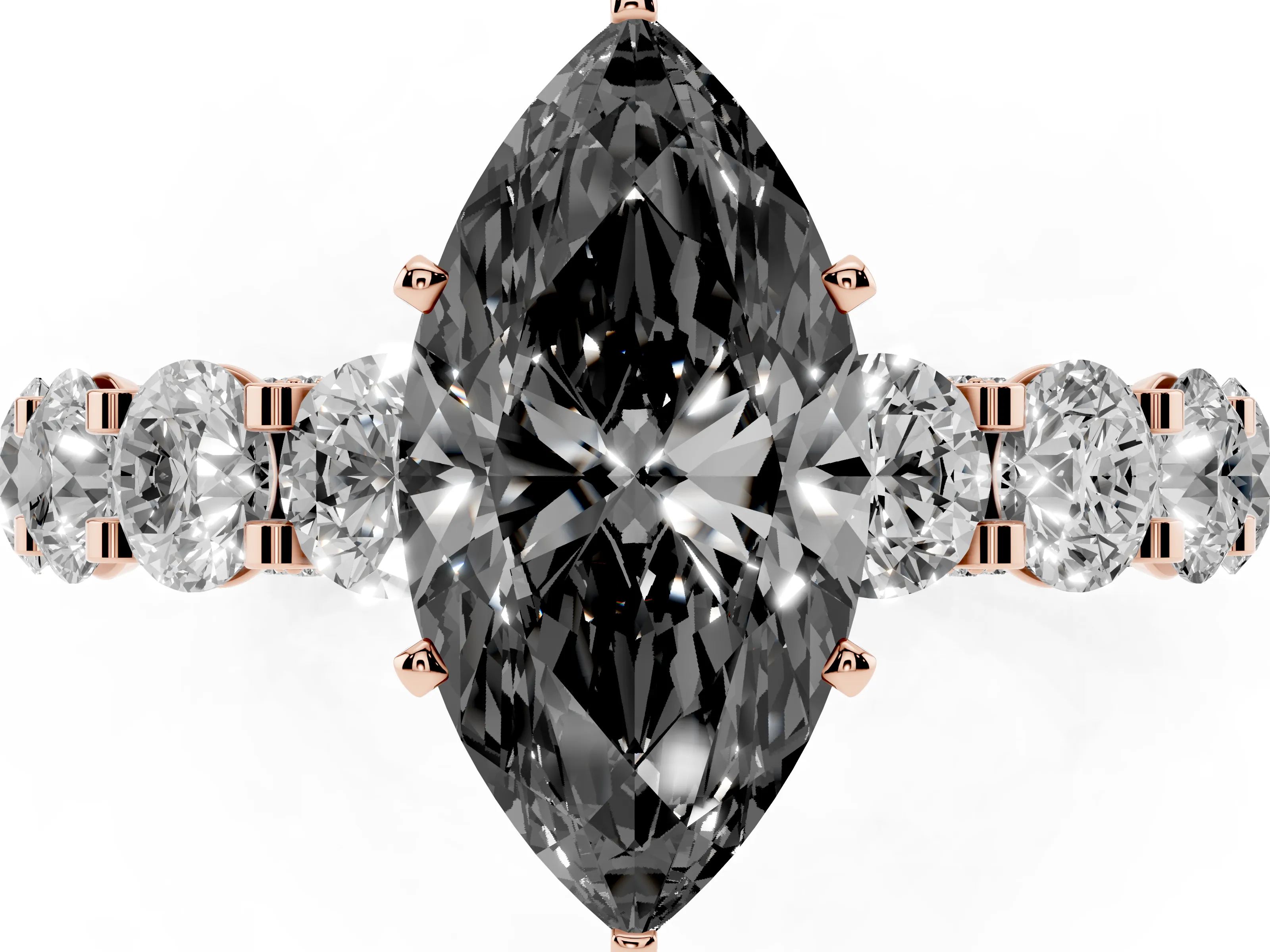 Fancy Black Marquise Cut Diamond Side Stone Ring Set in Rose gold with Alternating Round and Oval Side Stones