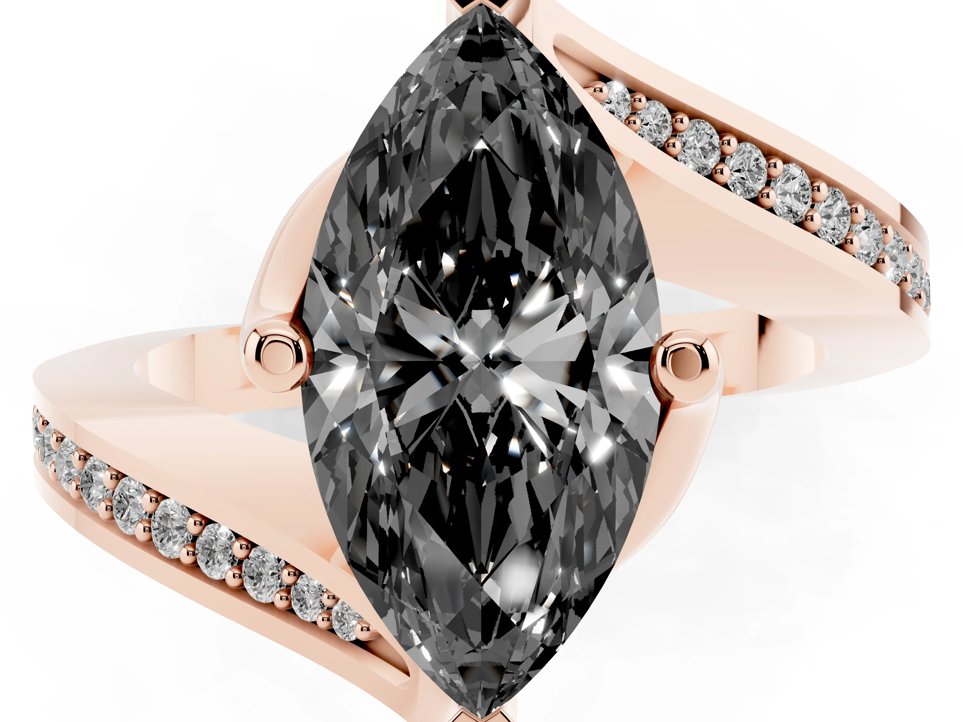 Fancy Black Marquise Cut Diamond Solitaire Ring Set in Rose gold with Intertwined Pavé Twist Band