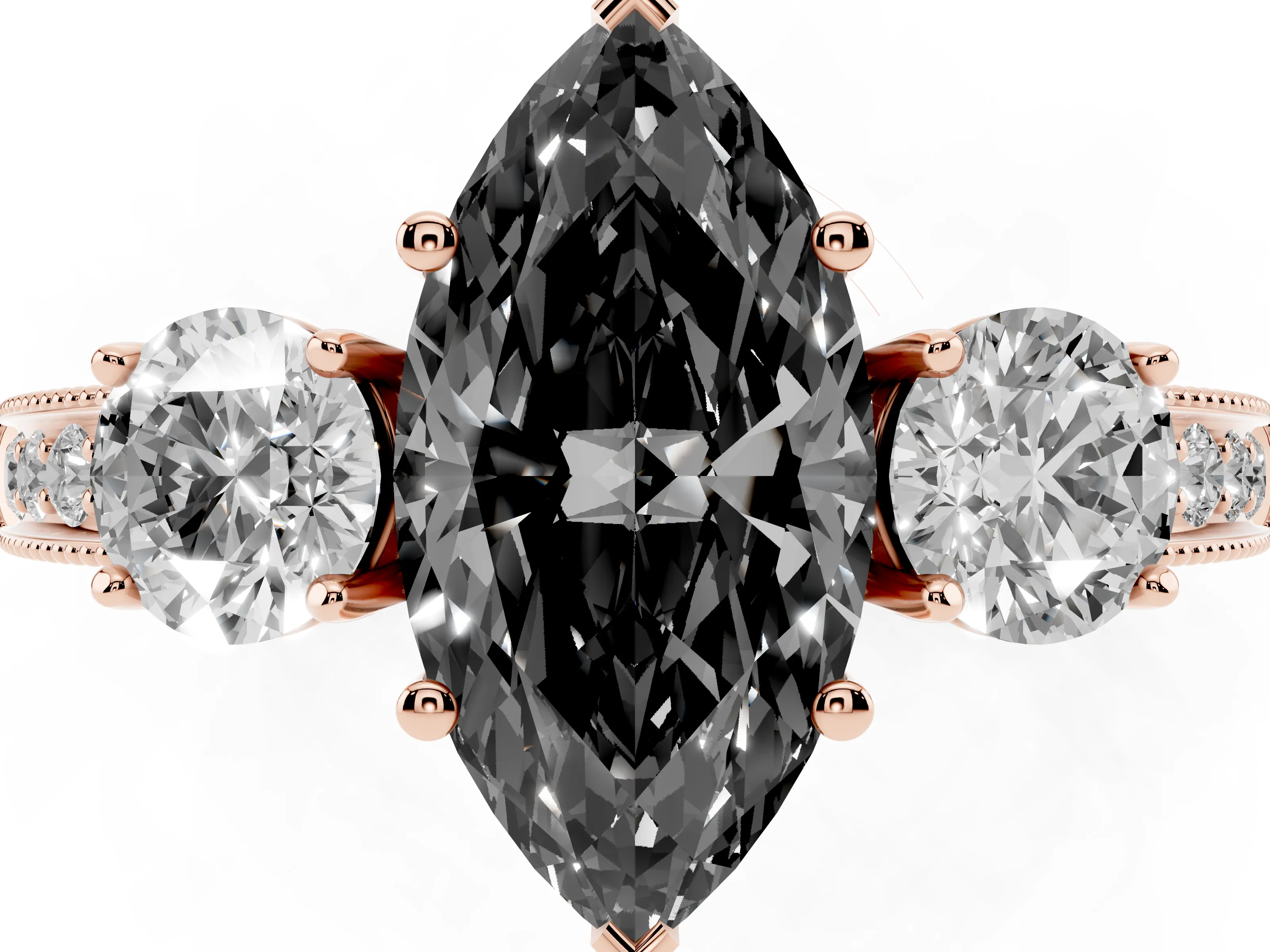 Fancy Black Marquise Cut Diamond Three-Stone Ring Set in Rose gold with Round Side Stones and Pavé Band