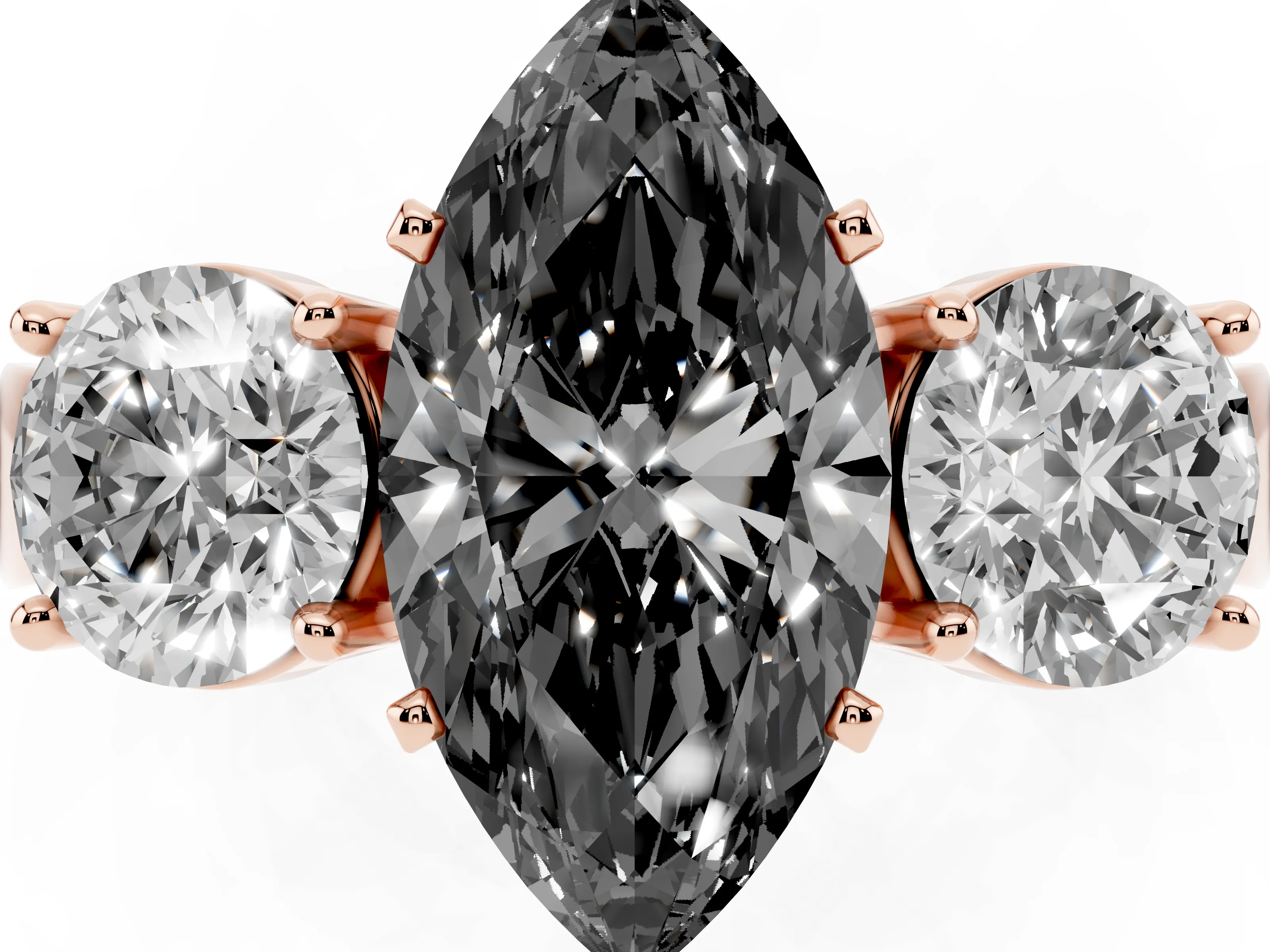 Fancy Black Marquise Cut Diamond Three-Stone Ring Set in Rose gold with Round Side Stones and Classic Band