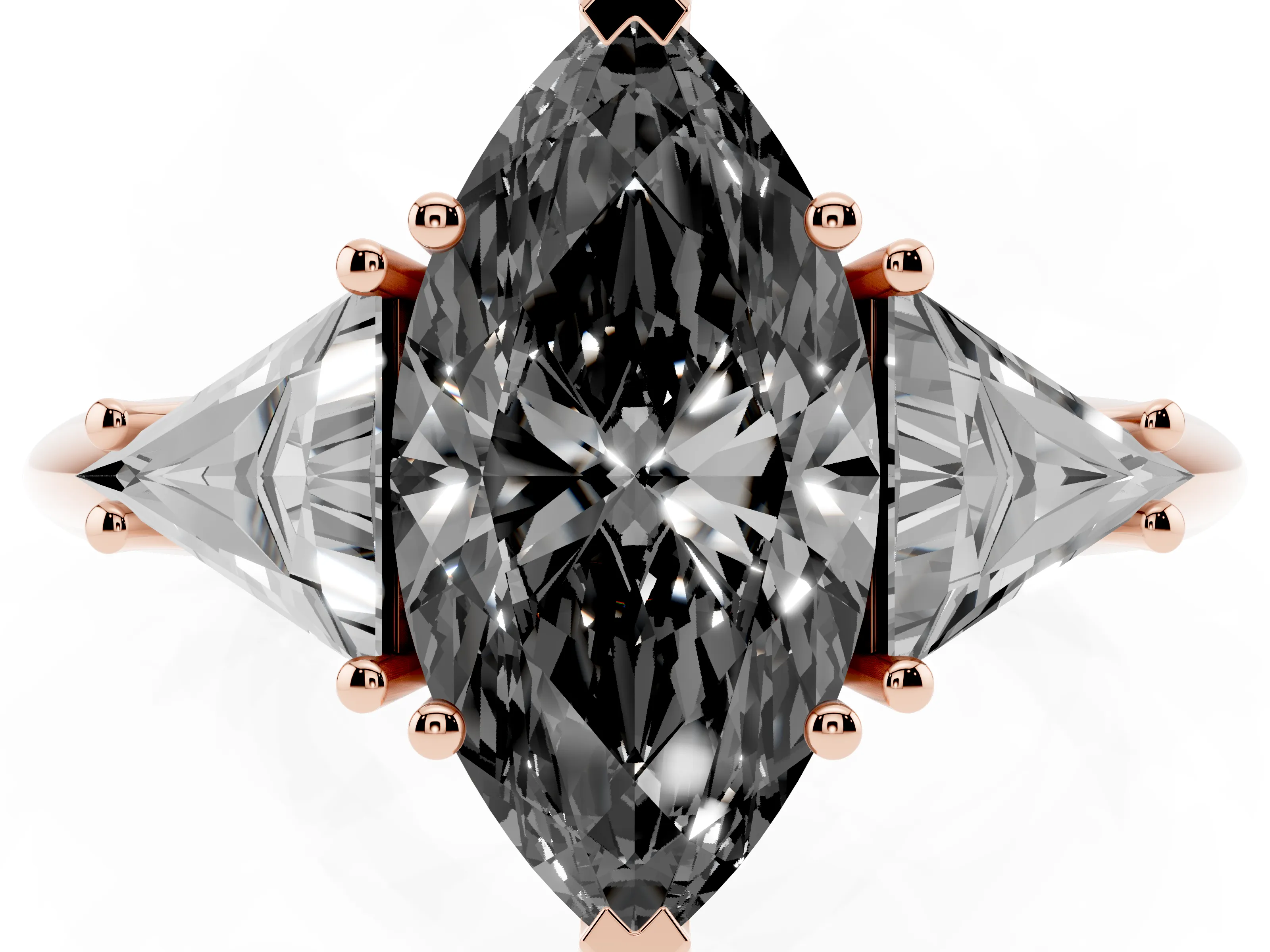 Fancy Black Marquise Cut Diamond Three-Stone Engagement Ring Set in Rose gold with Trillion Side Stones