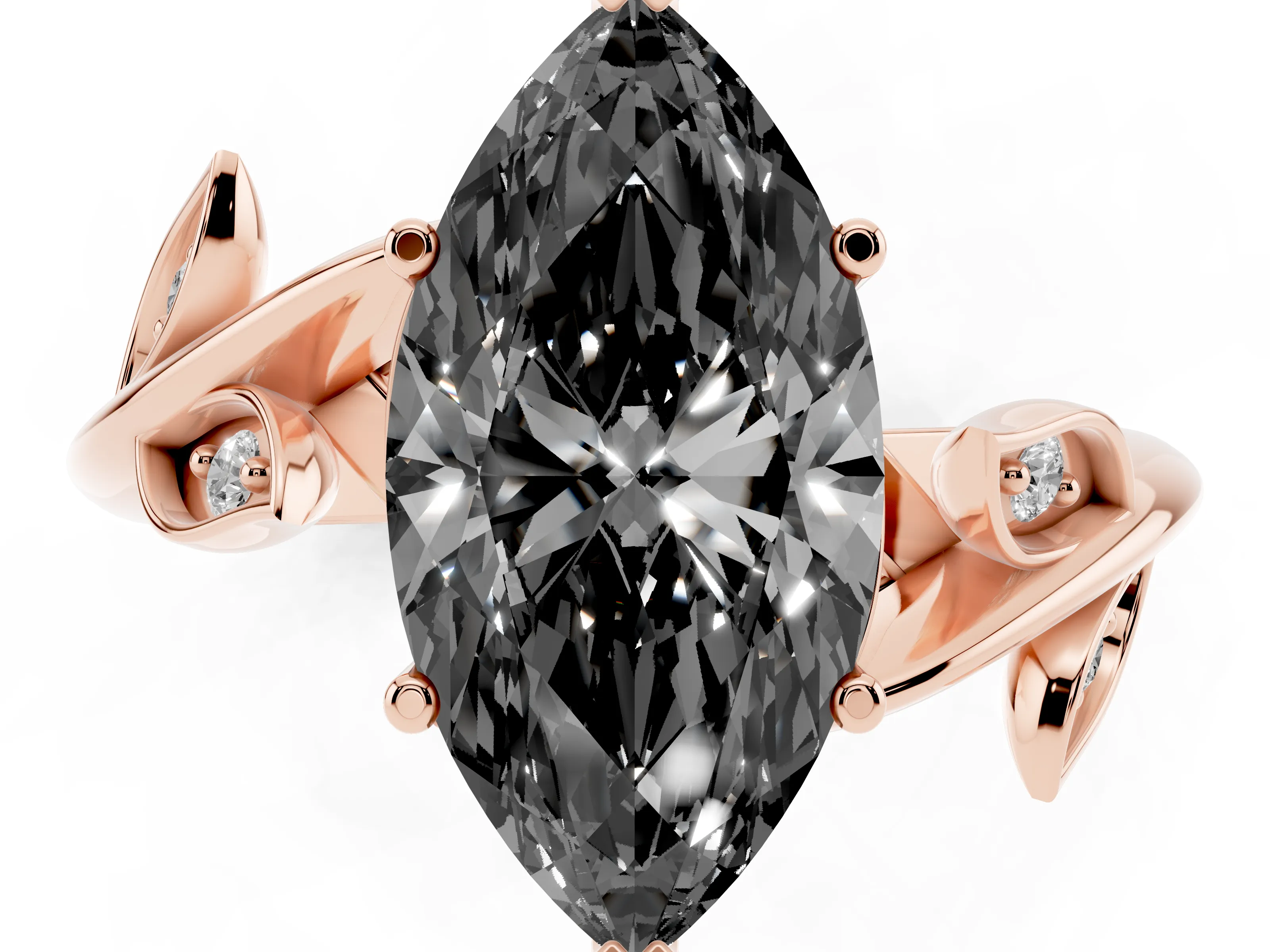 Fancy Black Marquise Cut Diamond Solitaire Twist Engagement Ring Set in Rose gold with Pavé Leaf Accents