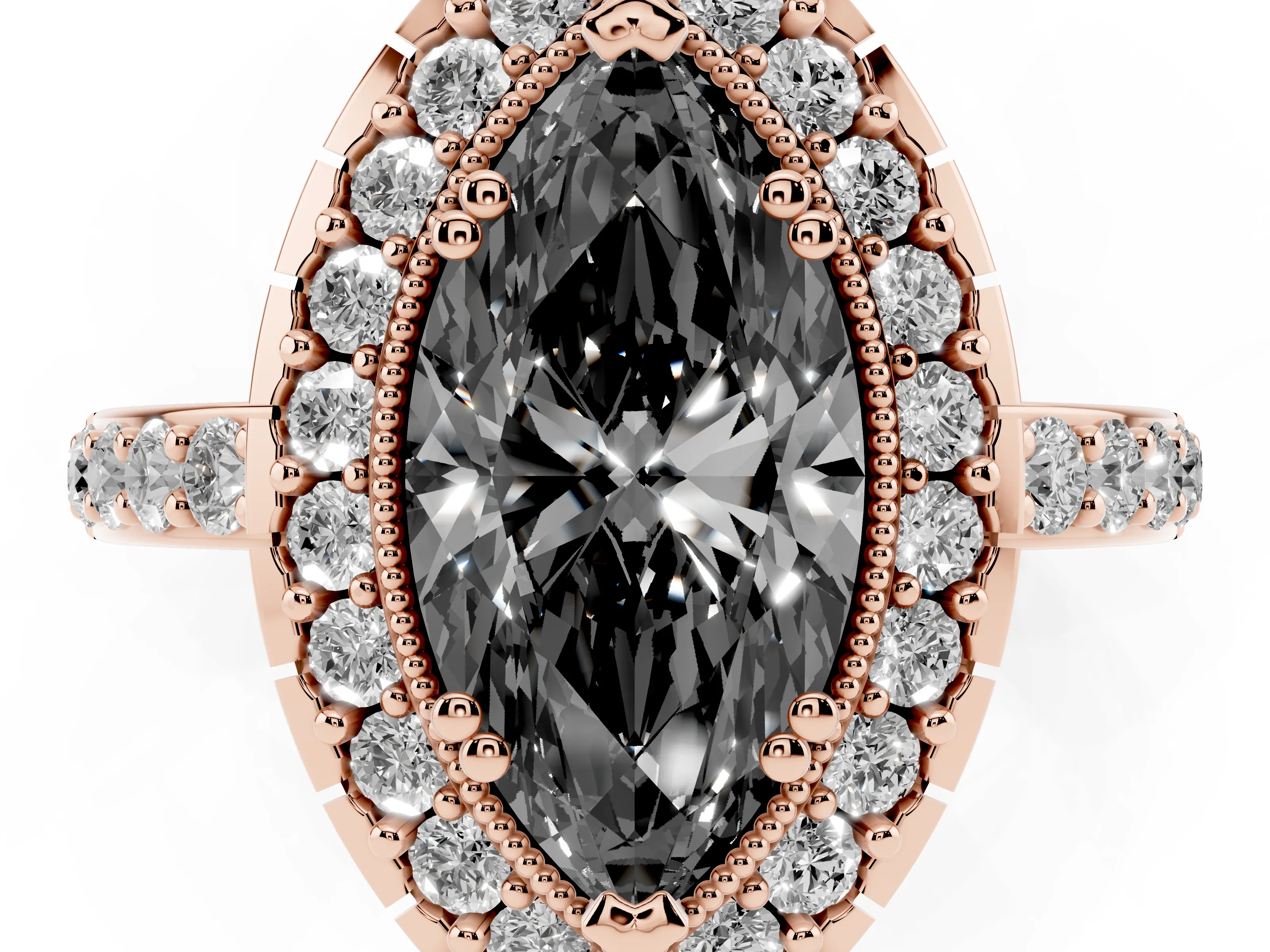 Fancy Black Marquise Cut Diamond Halo Ring Set in Rose gold with Pavé Shank and Prong Setting