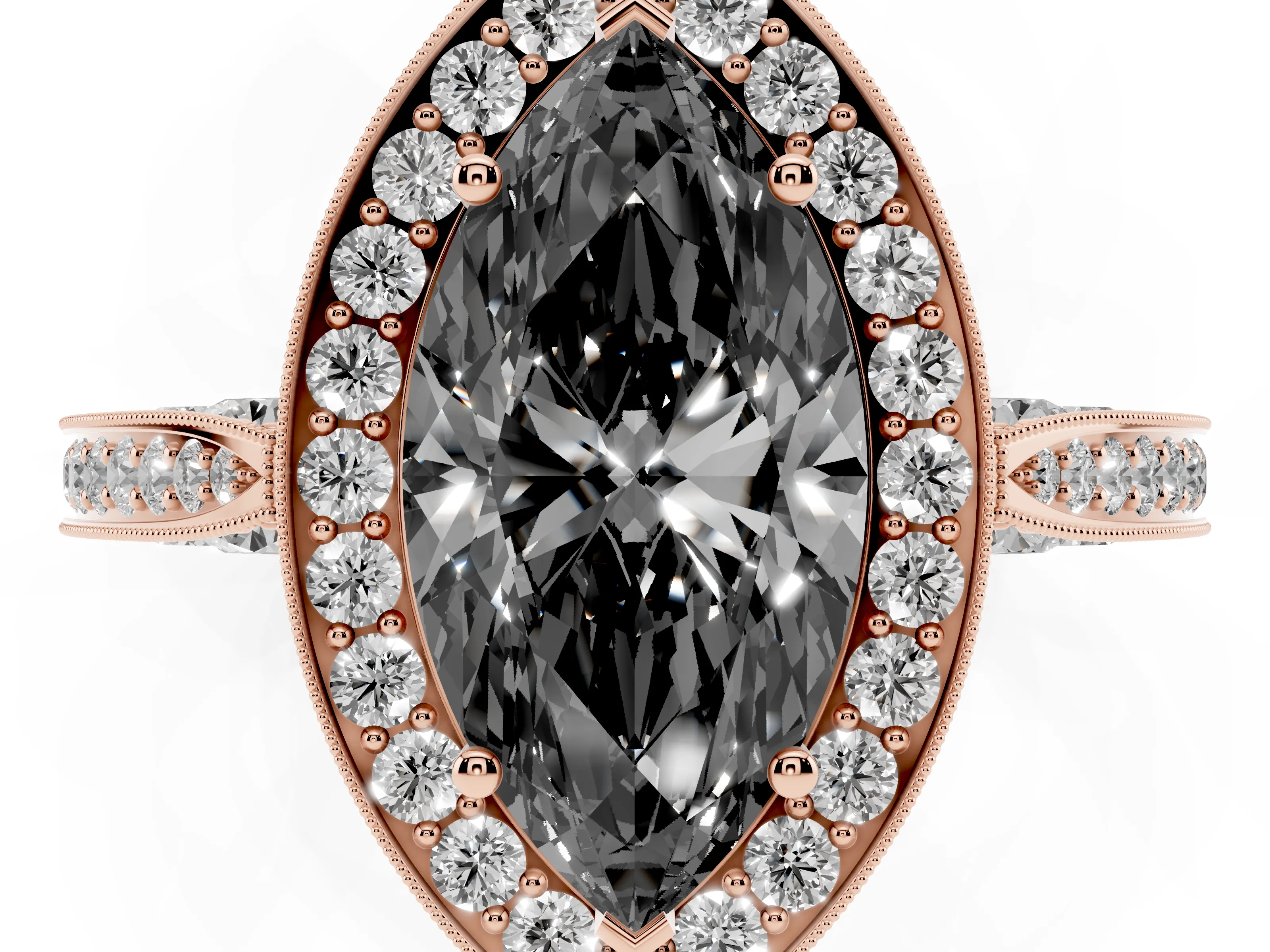 Fancy Black Marquise Cut Diamond Halo Engagement Ring Set in Rose gold with Accent Split Shank Band