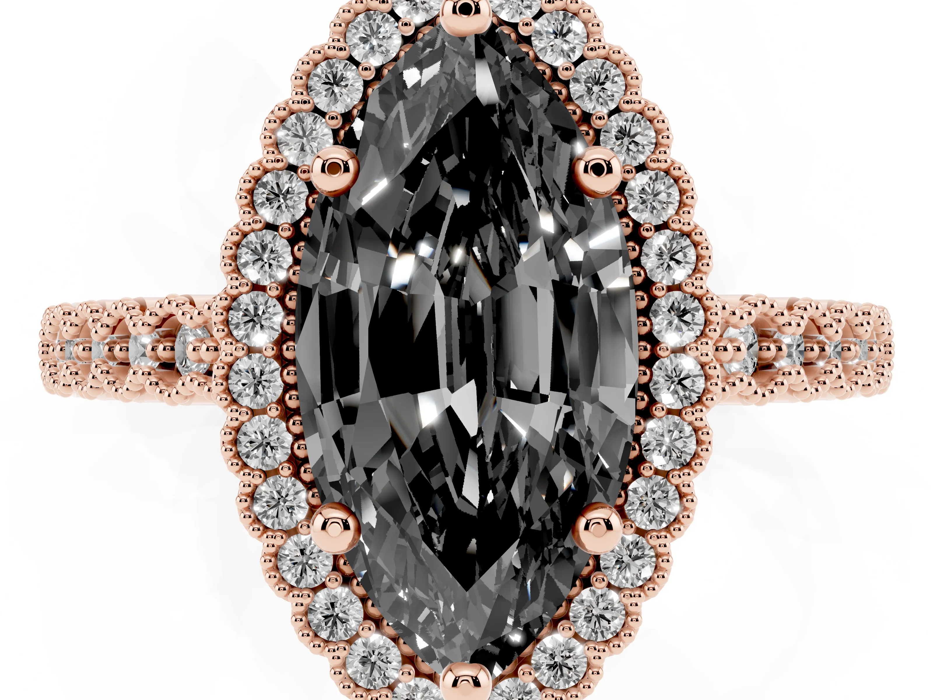 Fancy Black Marquise Cut Diamond Halo Ring Set in Rose gold with Pavé Milgrain Band