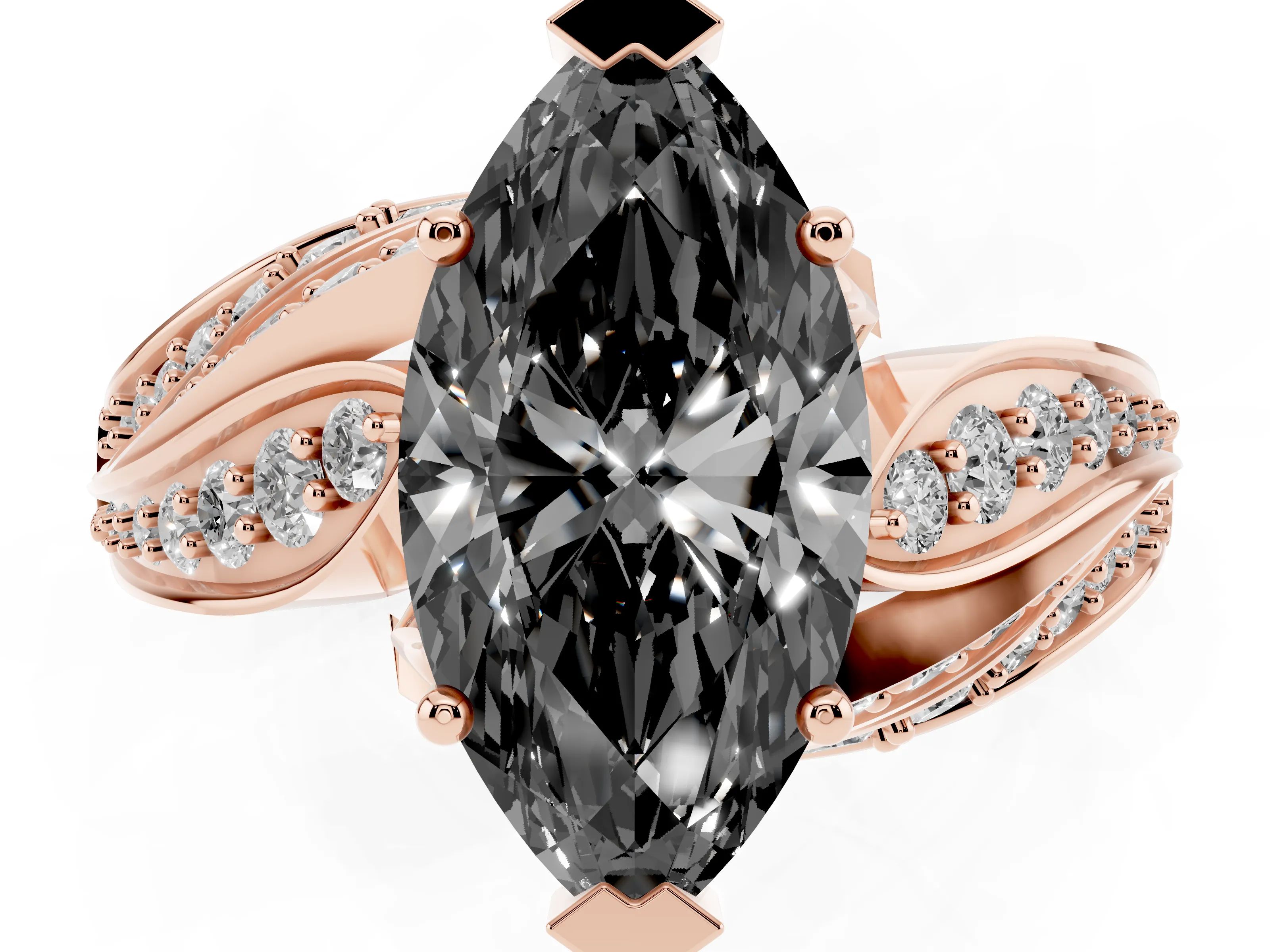 Fancy Black Marquise Cut Diamond Solitaire Ring Set in Rose gold with Layered Twist Pavé Band
