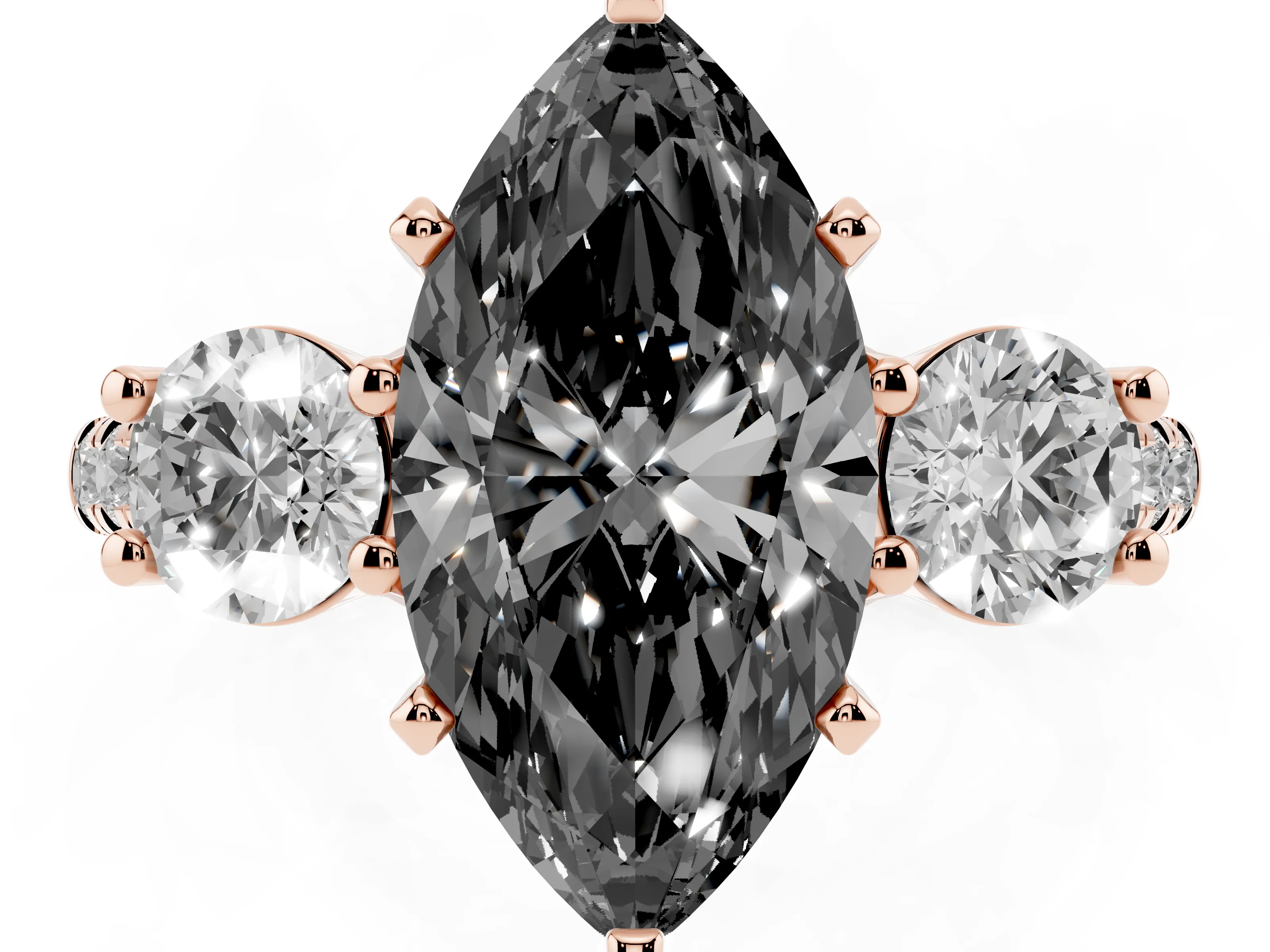 Fancy Black Three-Stone Marquise Cut Diamond Pavé Band Ring Set in Rose gold with Prong-Set Trio