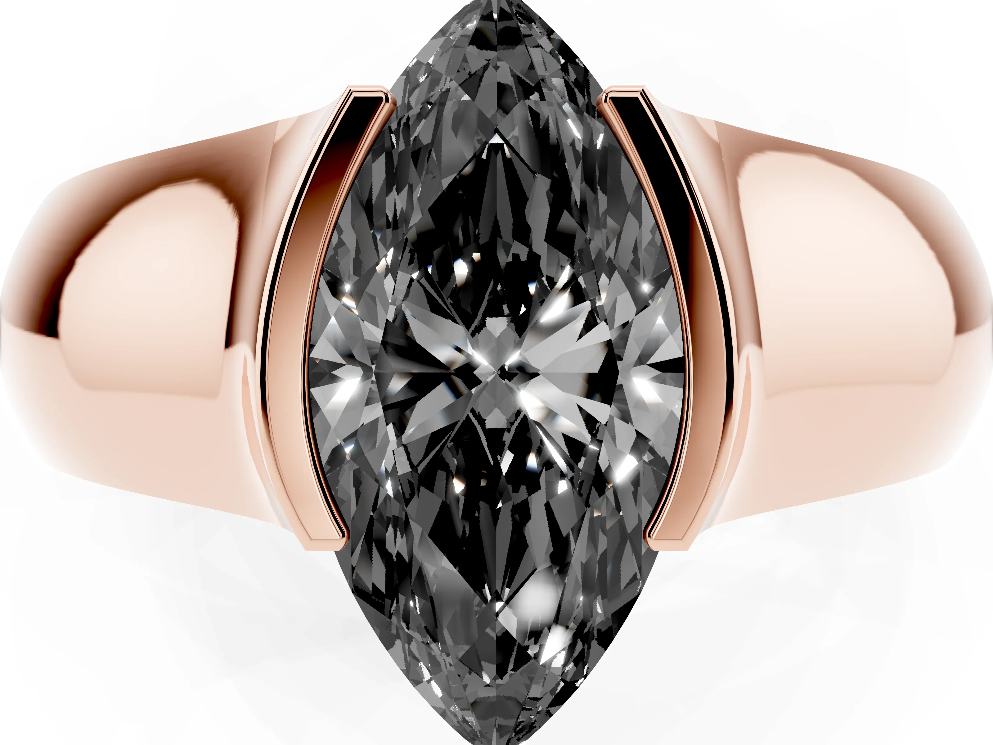 Fancy Black Marquise Cut Diamond Bezel Solitaire Ring Set in Rose gold with Wide Band