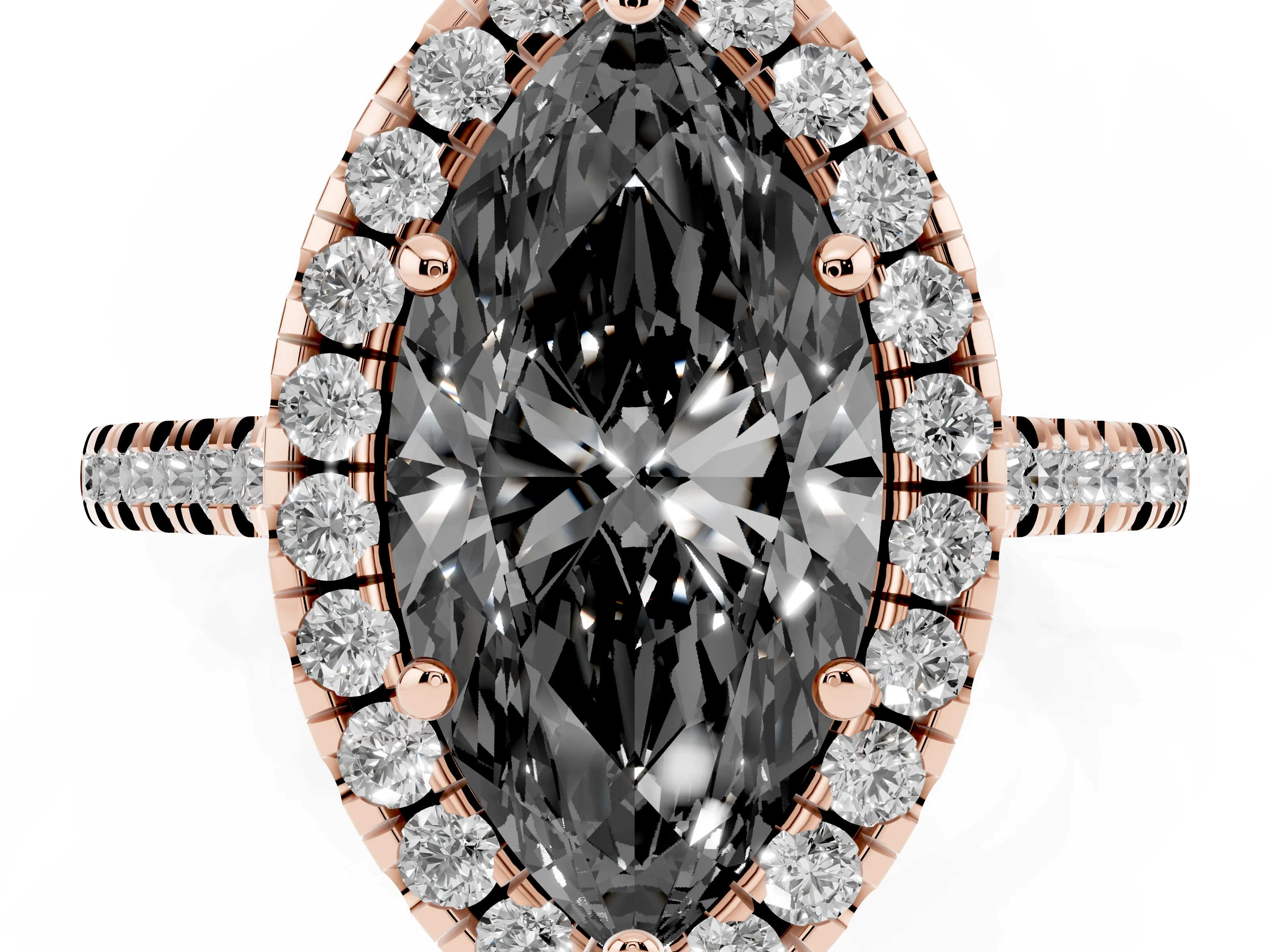 Fancy Black Marquise Cut Diamond Cushion Halo Ring Set in Rose gold with Pavé Band