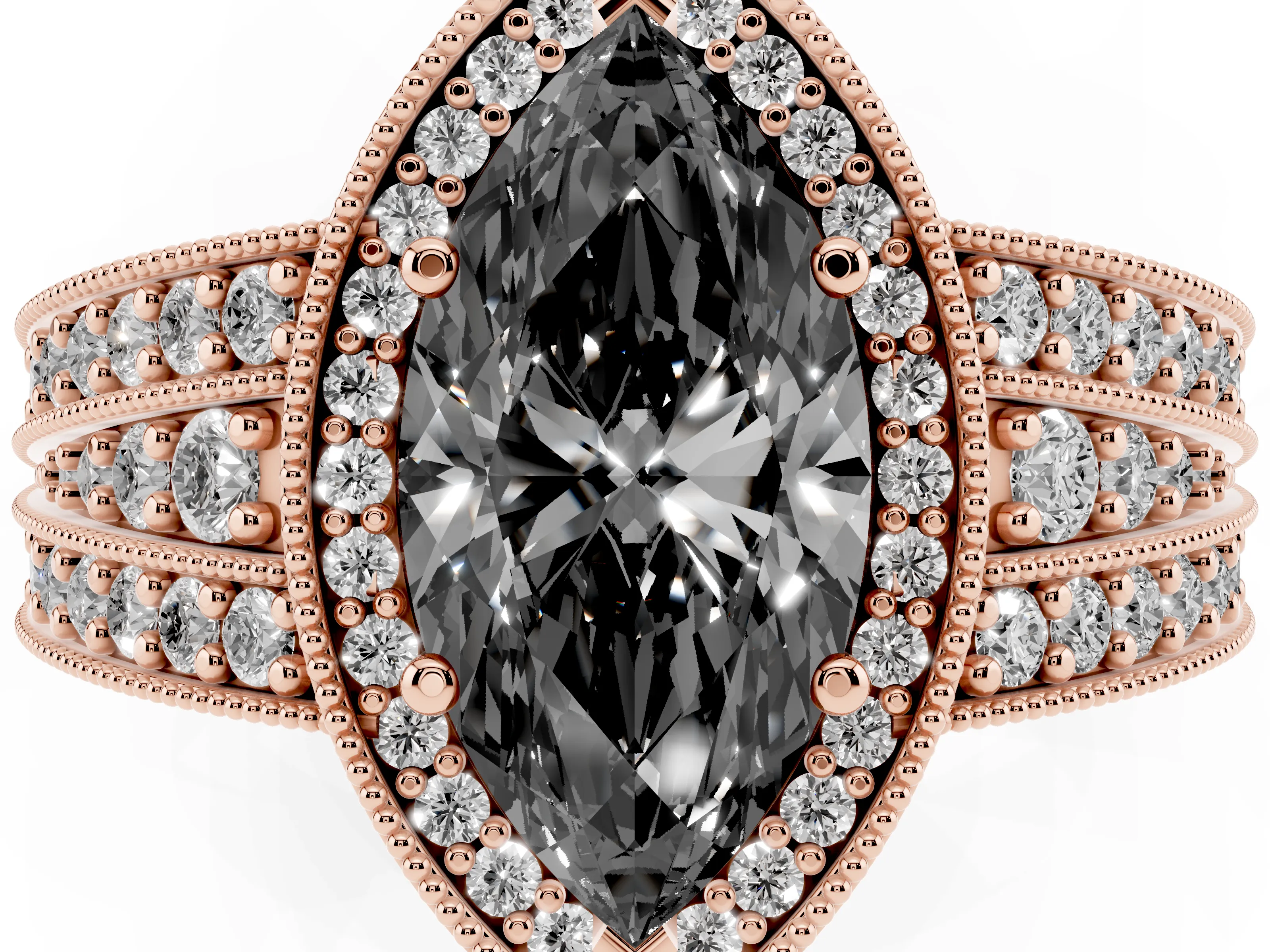 Fancy Black Marquise Cut Diamond Halo Ring Set in Rose gold with Accent Split Shank and Prong Setting