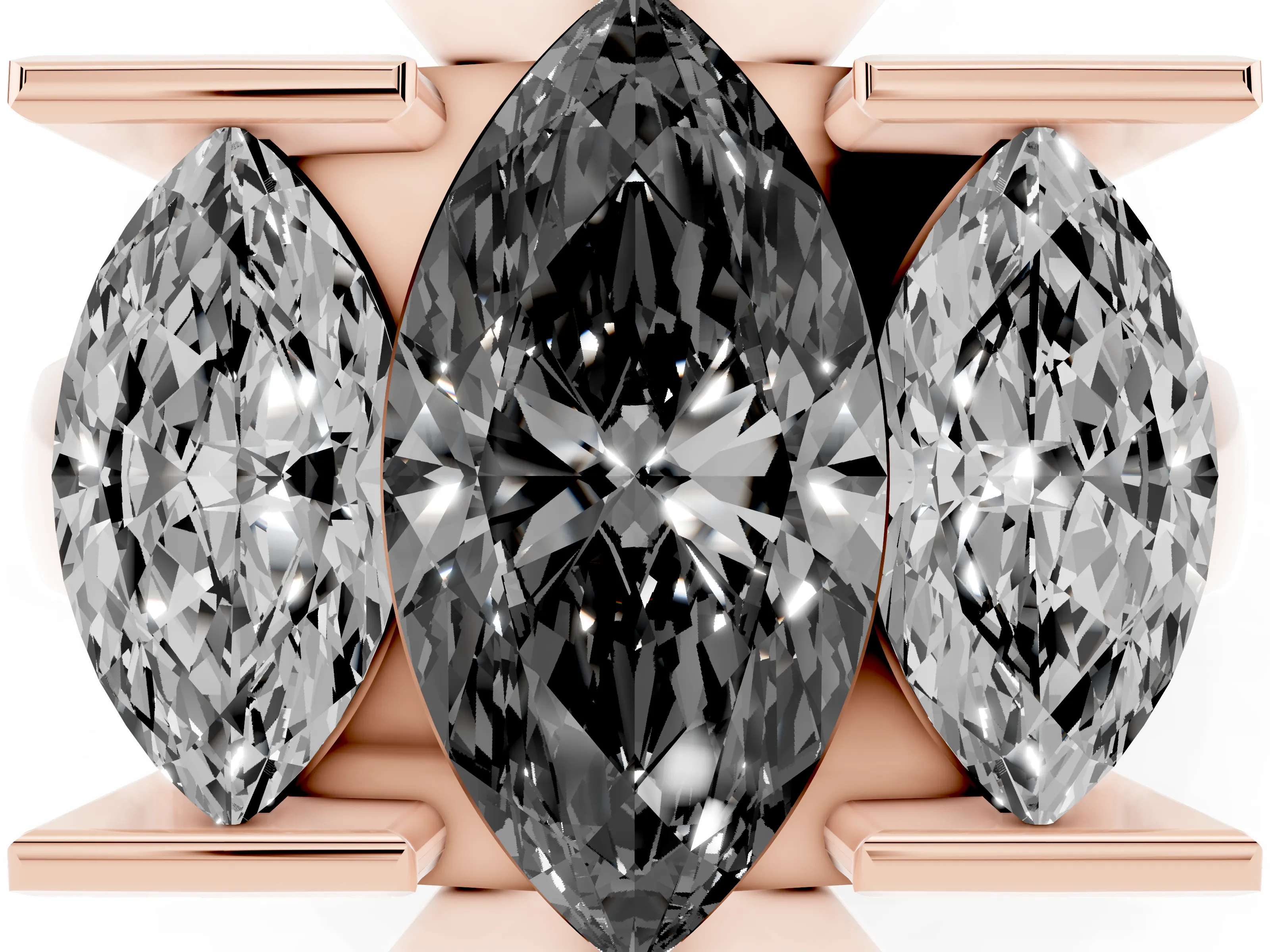 Fancy Black Marquise Cut Diamond Three-Stone Channel Set Ring Set in Rose gold with Smooth Polished Band