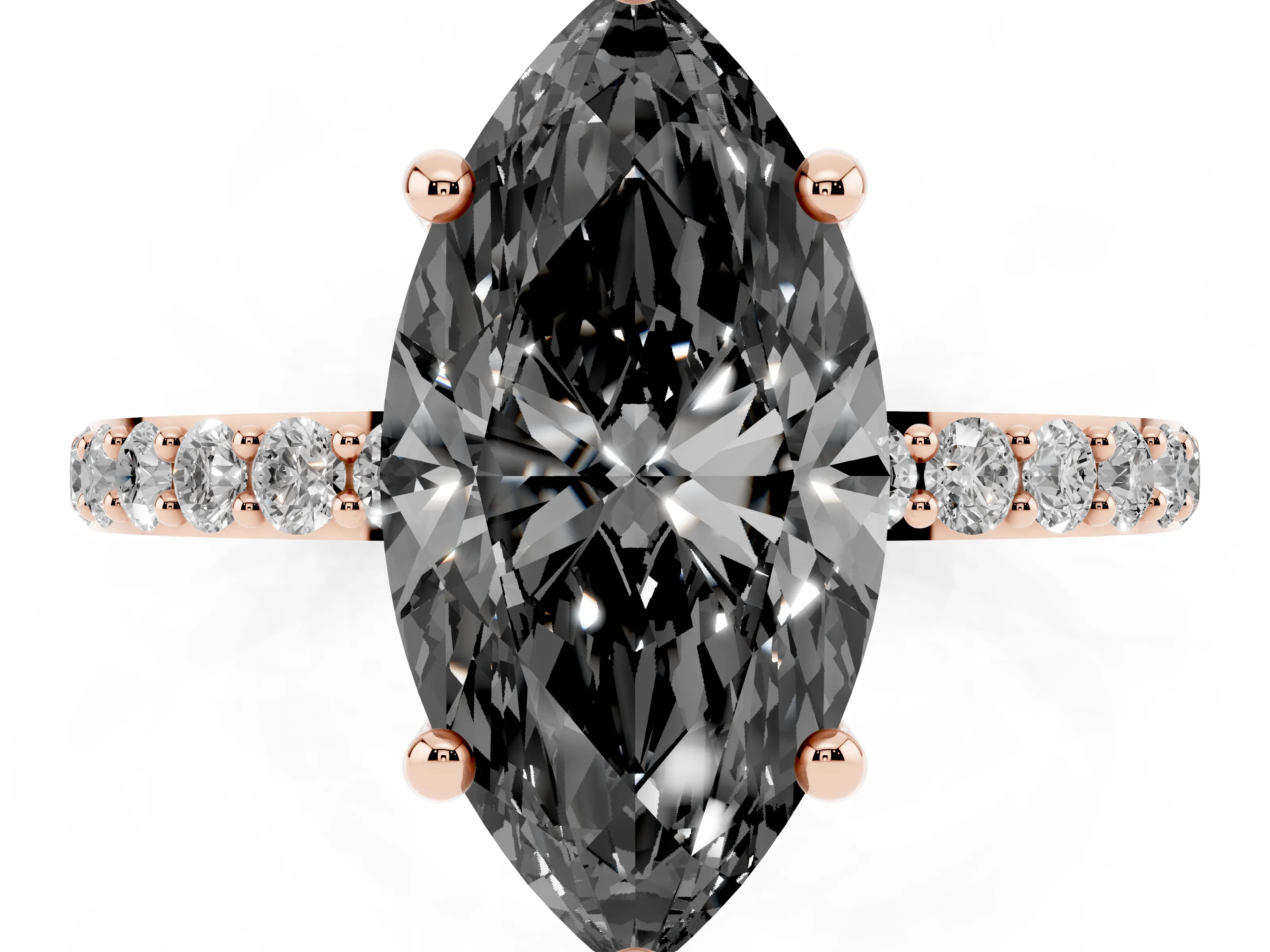 Fancy Black Marquise Cut Diamond Solitaire Ring Set in Rose gold with Round Pavé Band and Prong Setting